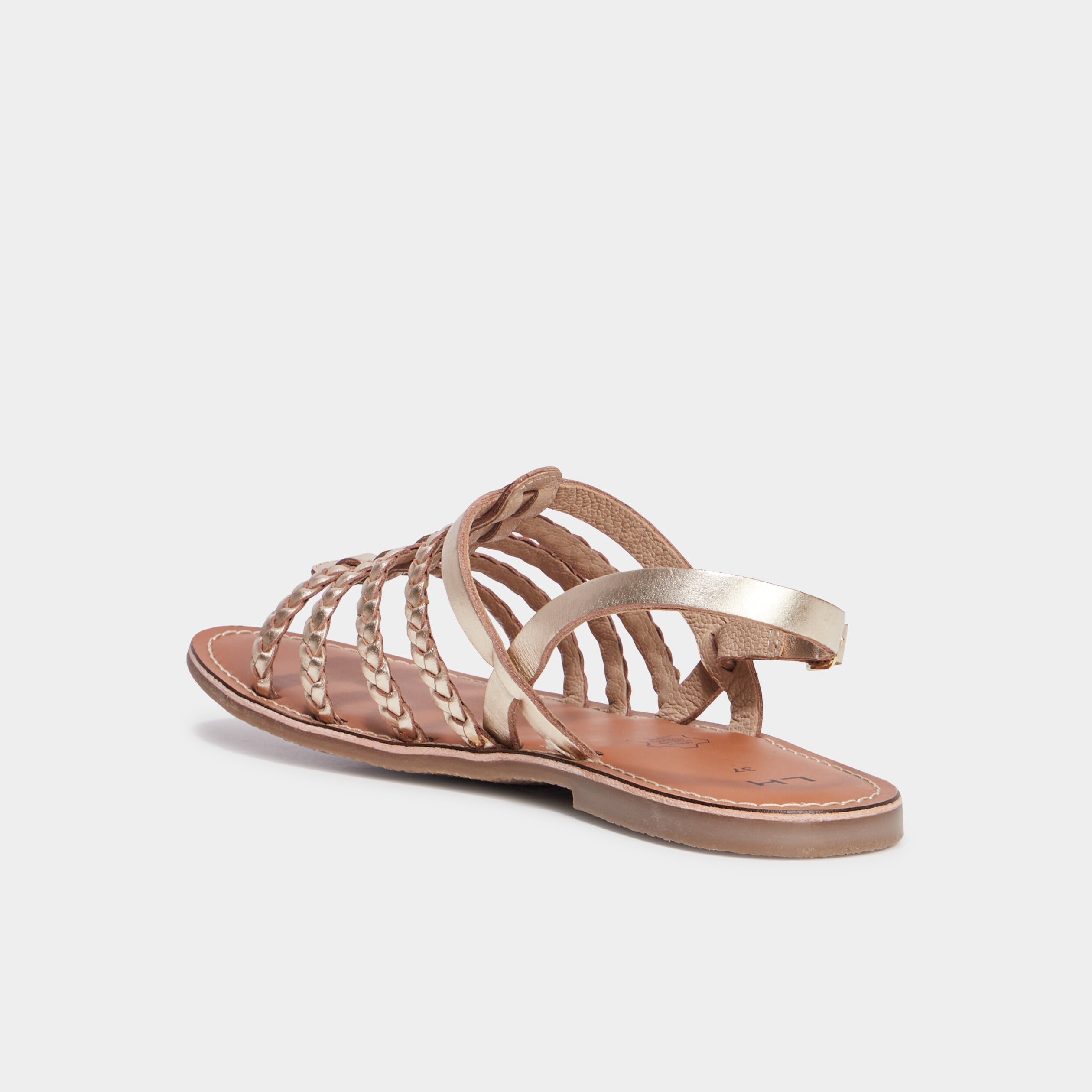 Sandales brides tress&eacute;es en cuir jaune or femme