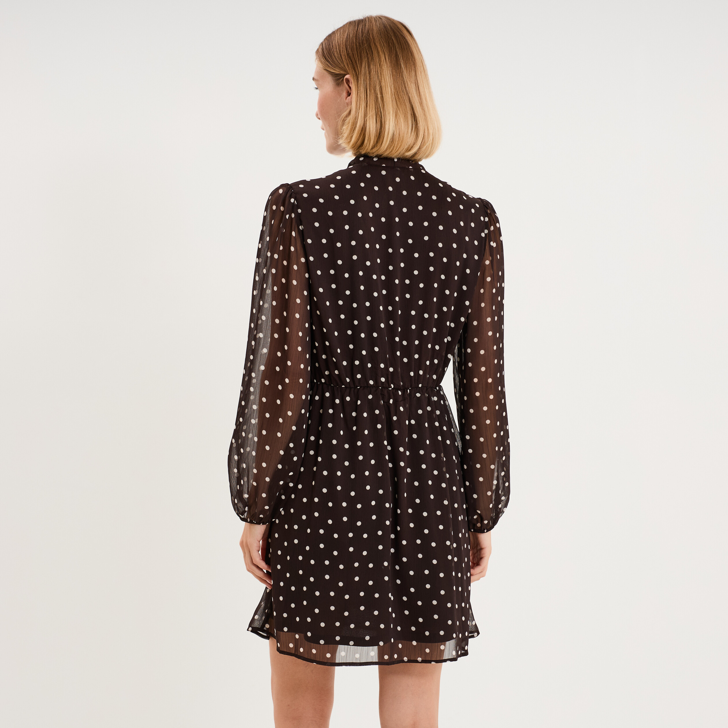 Robe courte lavalli&egrave;re manches longues marron chocolat femme