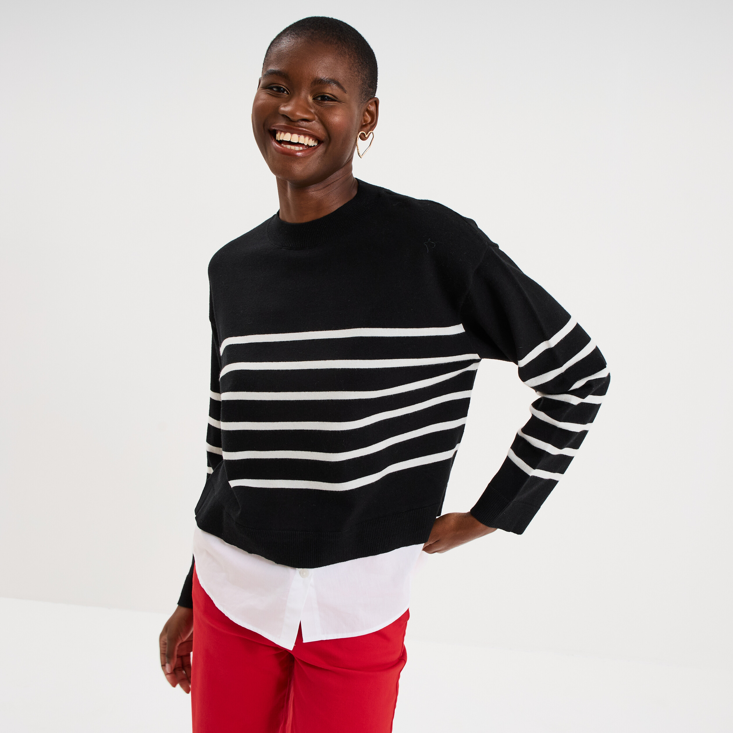 Pull effet 2-en-1 noir femme