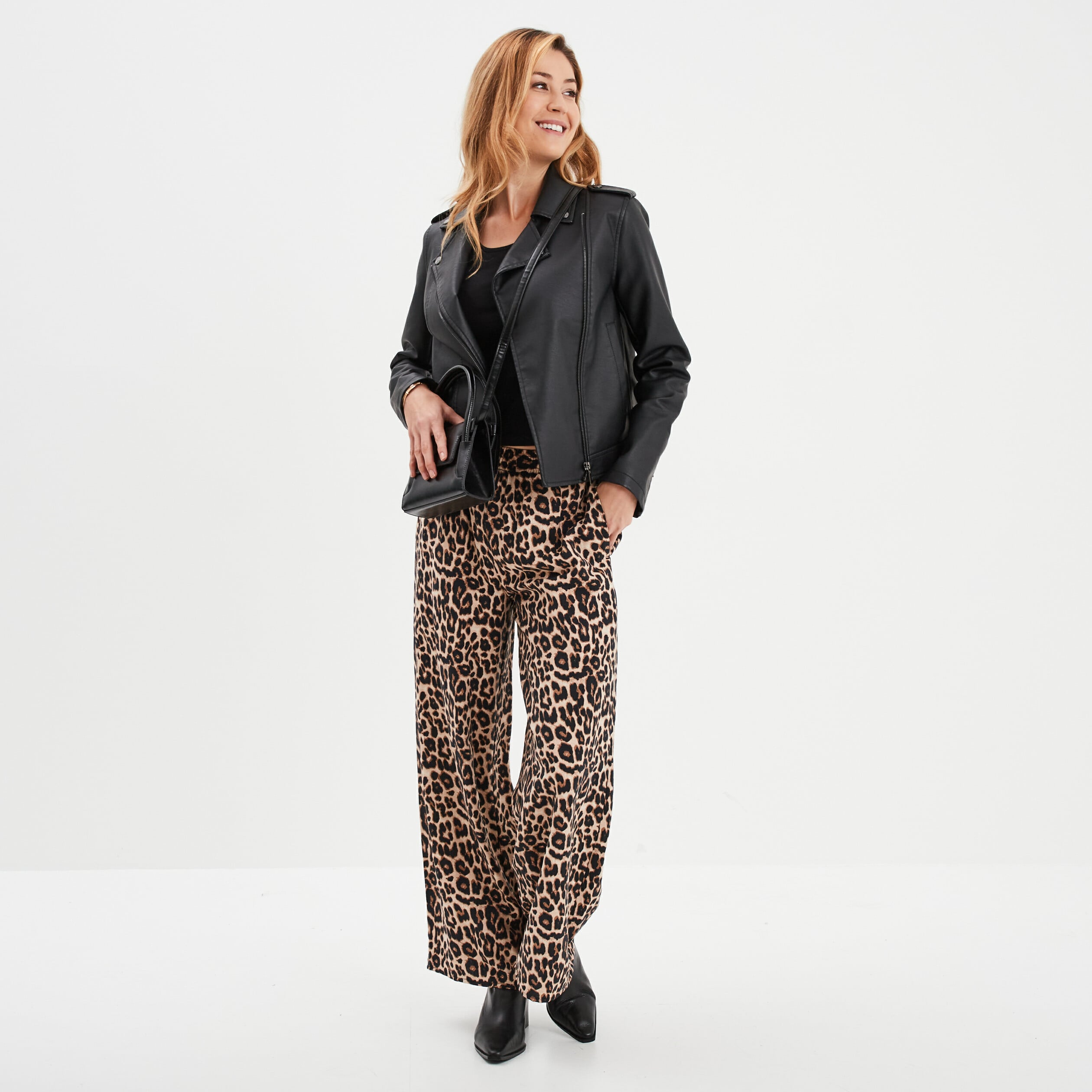 Pantalon large fluide taille &eacute;lastiqu&eacute;e beige femme