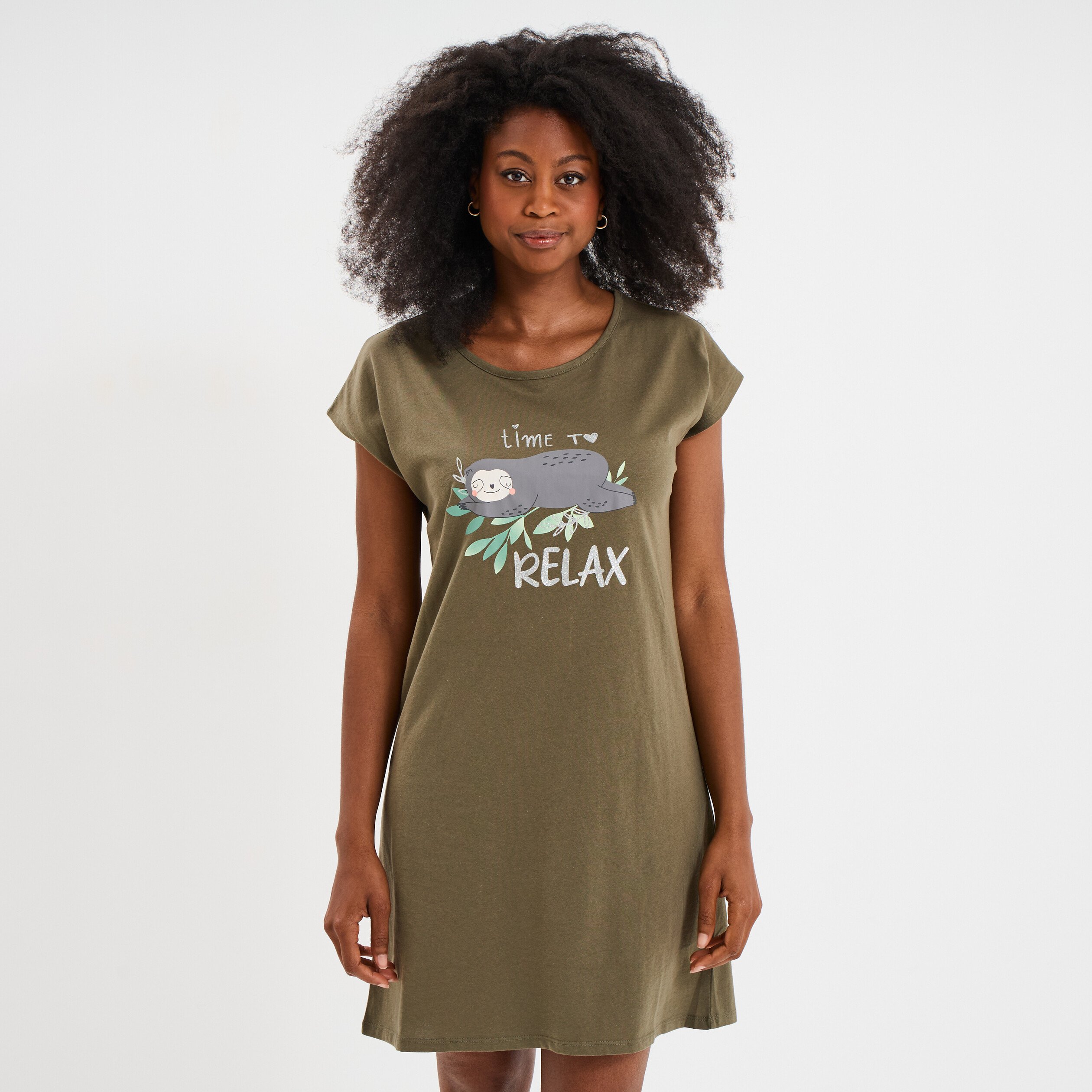chemise de nuit manches courtes coton vert kaki femme Chemise de nuit manches courtes coton vert kaki femme