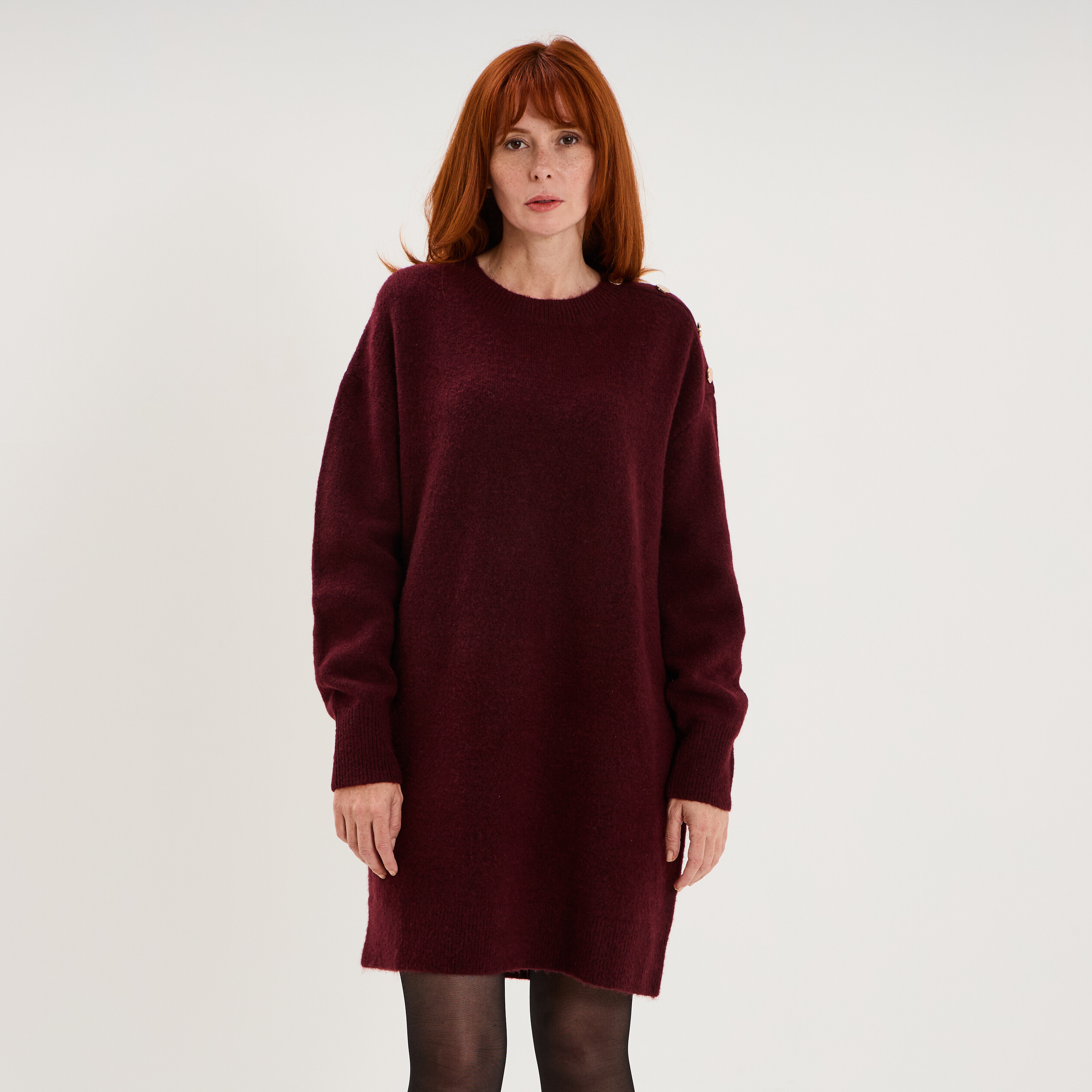Robe pull longueur genou boutons &eacute;paule violet fonc&eacute; femme