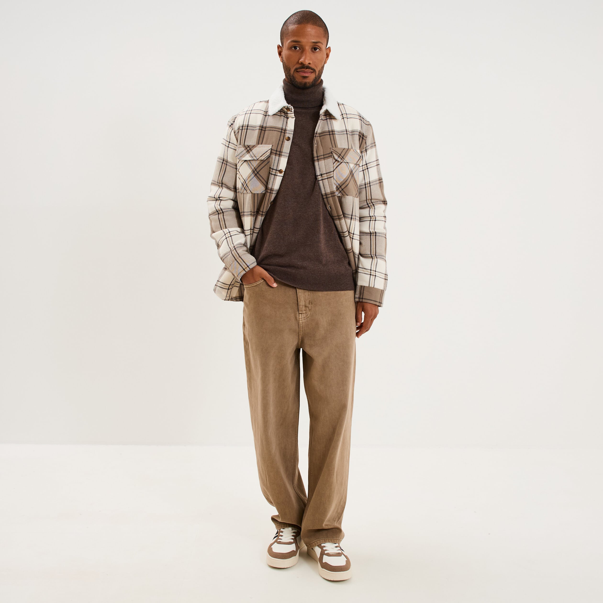 Surchemise carreaux doubl&eacute;e effet sherpa taupe homme
