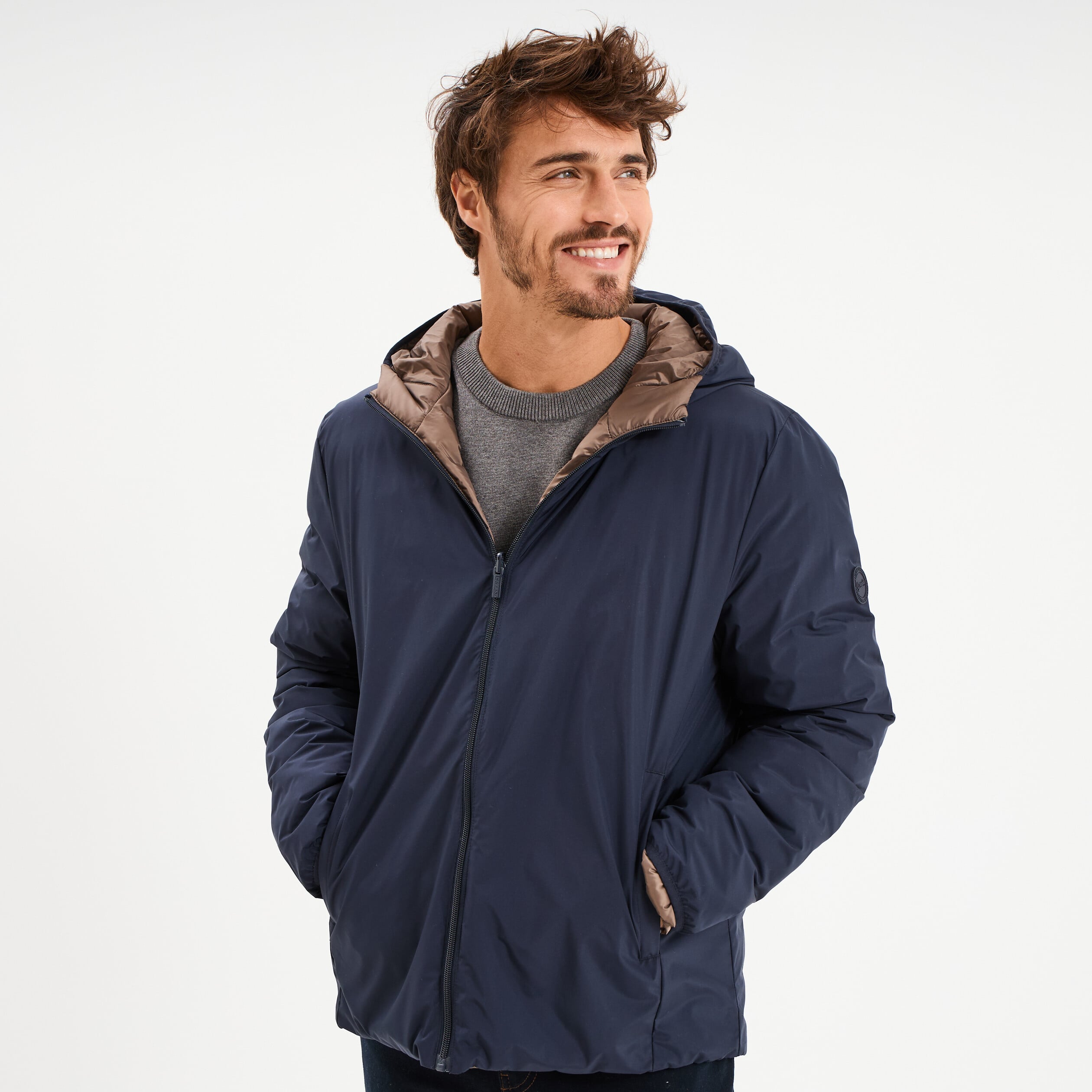 Blouson r&eacute;versible coupe-vent d&eacute;perlant bleu fonc&eacute; homme