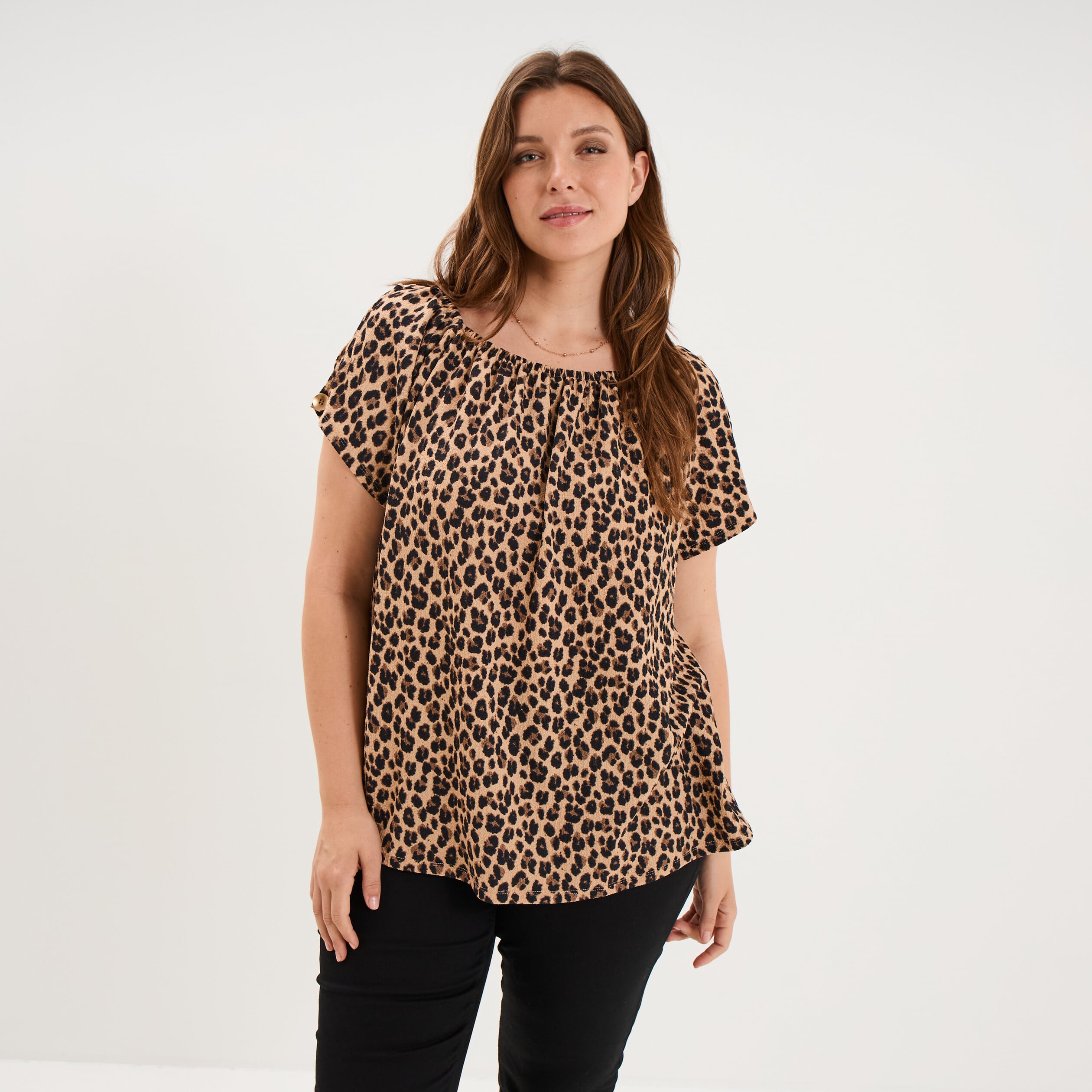T-shirt gaufr&eacute; avec manches &agrave; noeuds beige clair femme grande taille