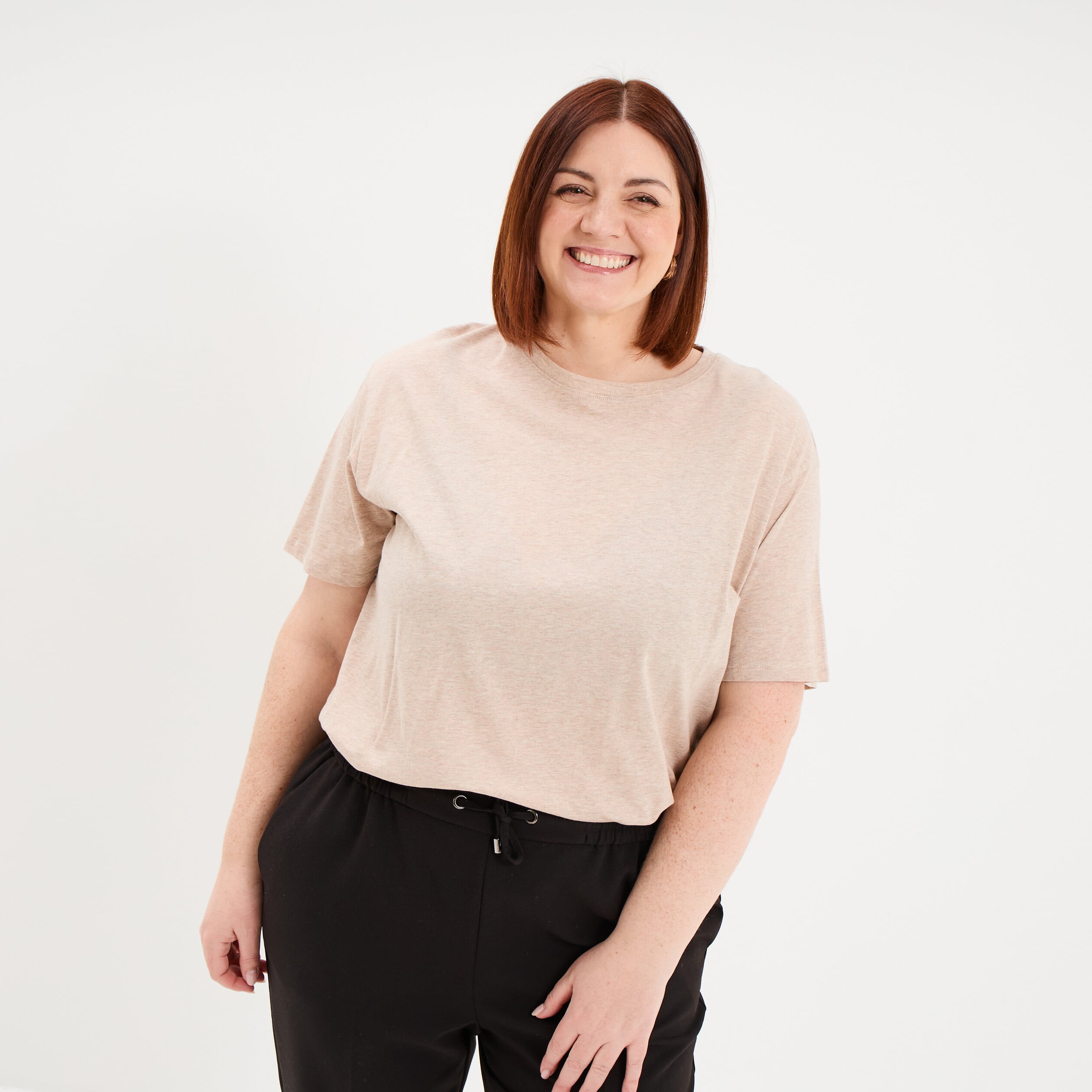 T-shirt col rond manches courtes coton beige femme grande taille