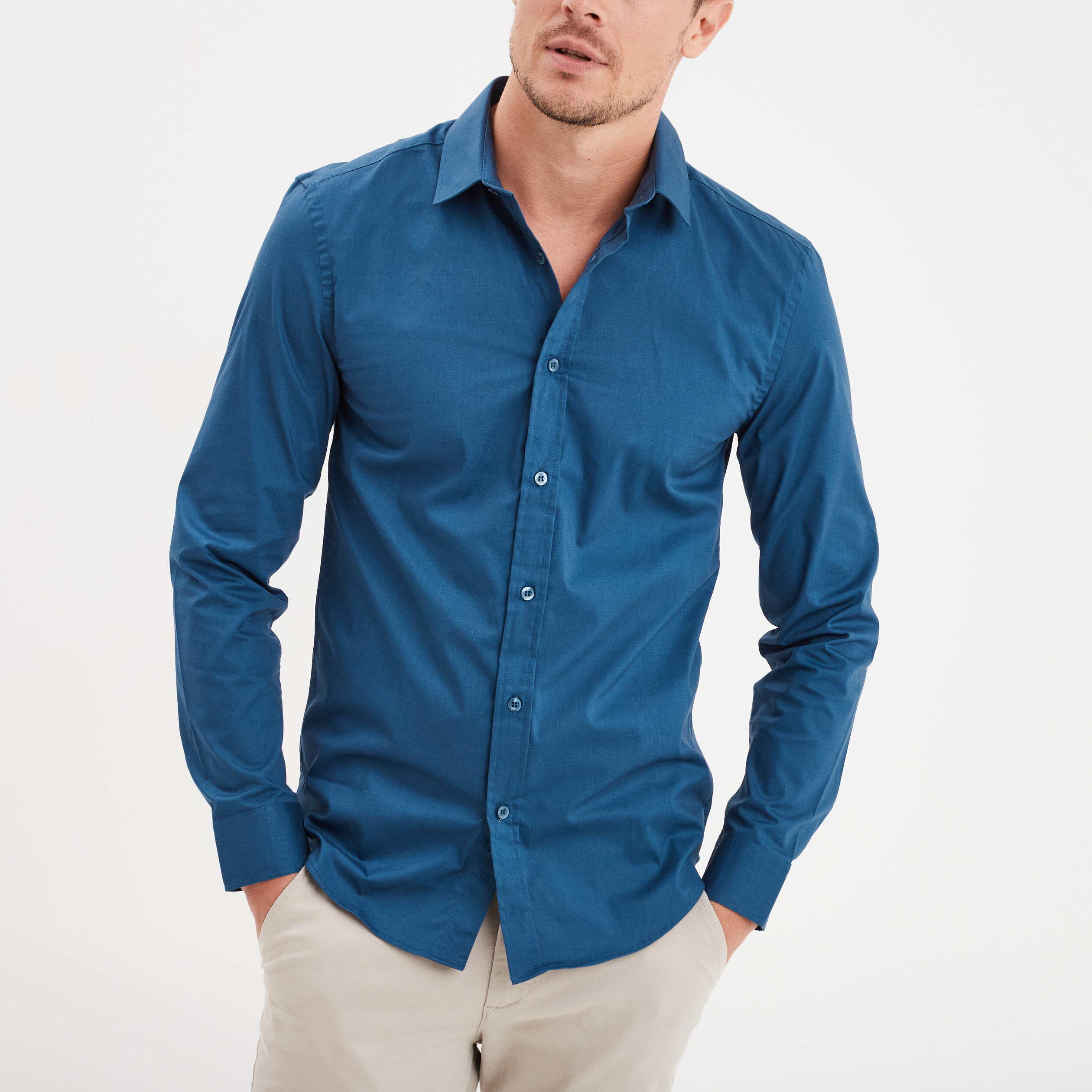 chemise effet stretch manches longues bleu fonce homme Chemise effet stretch manches longues bleu foncé homme