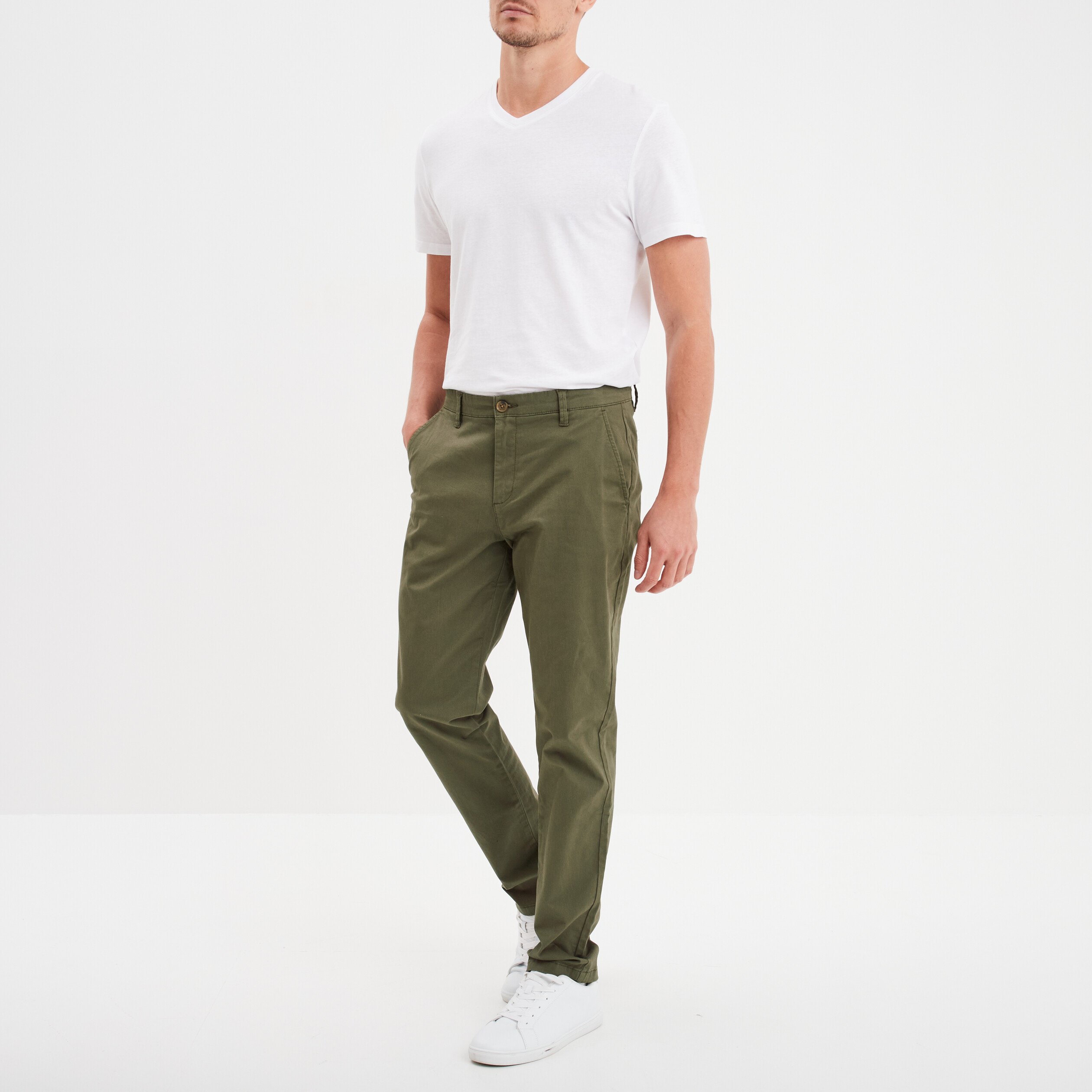 pantalon chino droit stretch retrousse vert kaki homme Pantalon chino droit stretch retroussé vert kaki homme