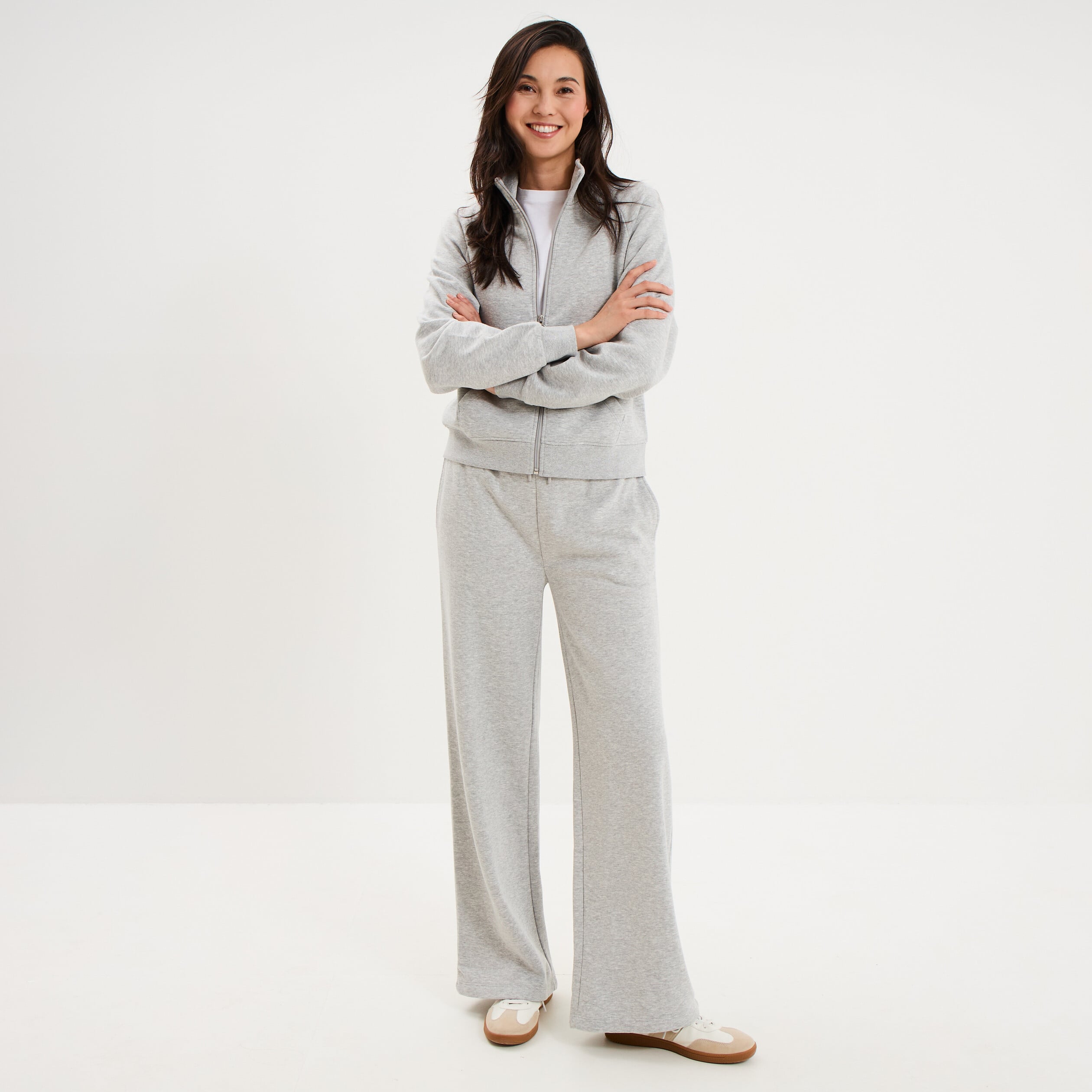 Sweat zipp&eacute; molleton col montant gris clair femme