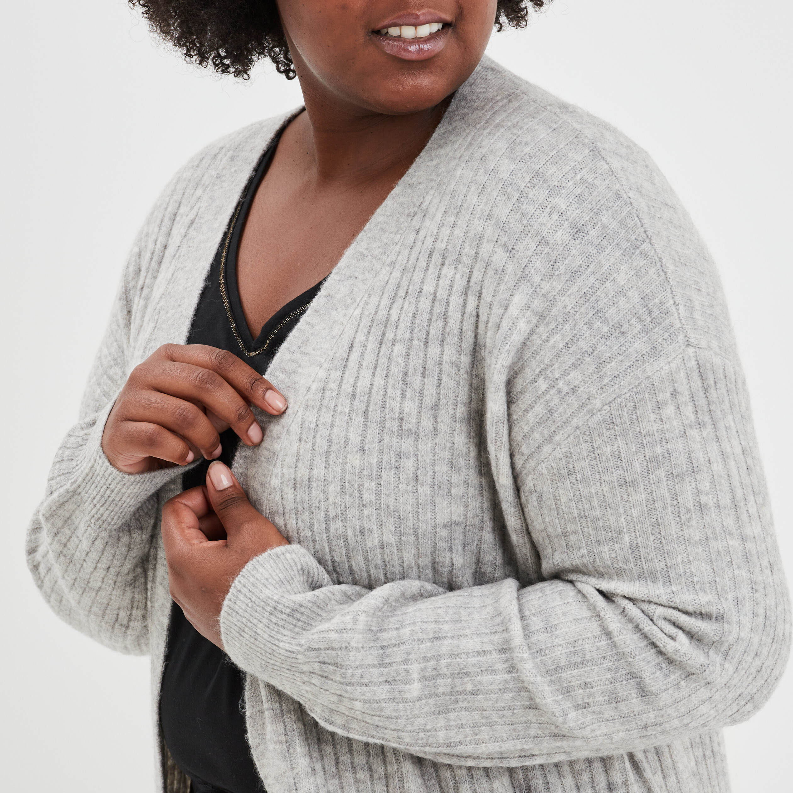 gilet long cotele col chale gris femmegt Gilet long côtelé col châle gris femme grande taille