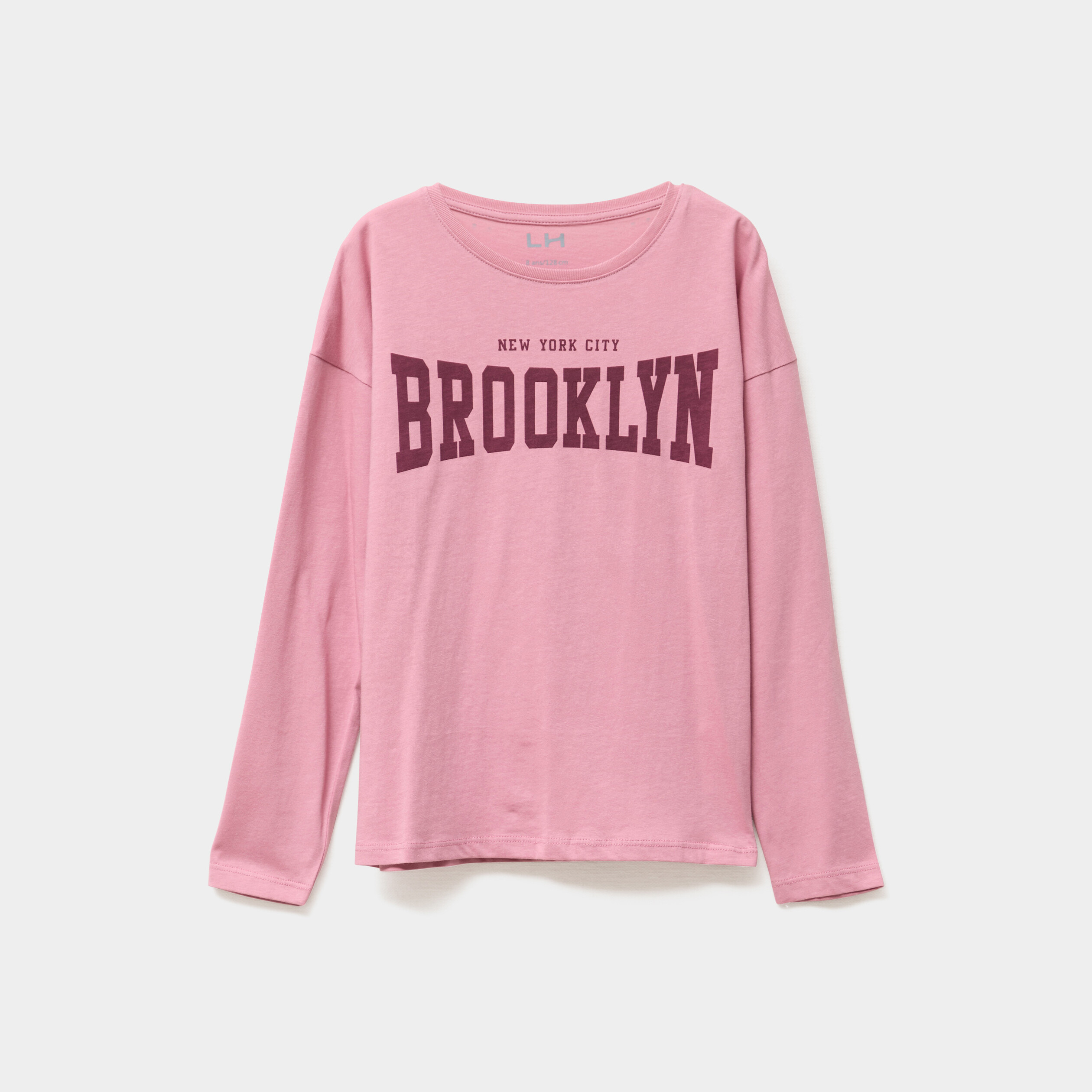 T-shirt col rond manches longues coton vieux rose fille