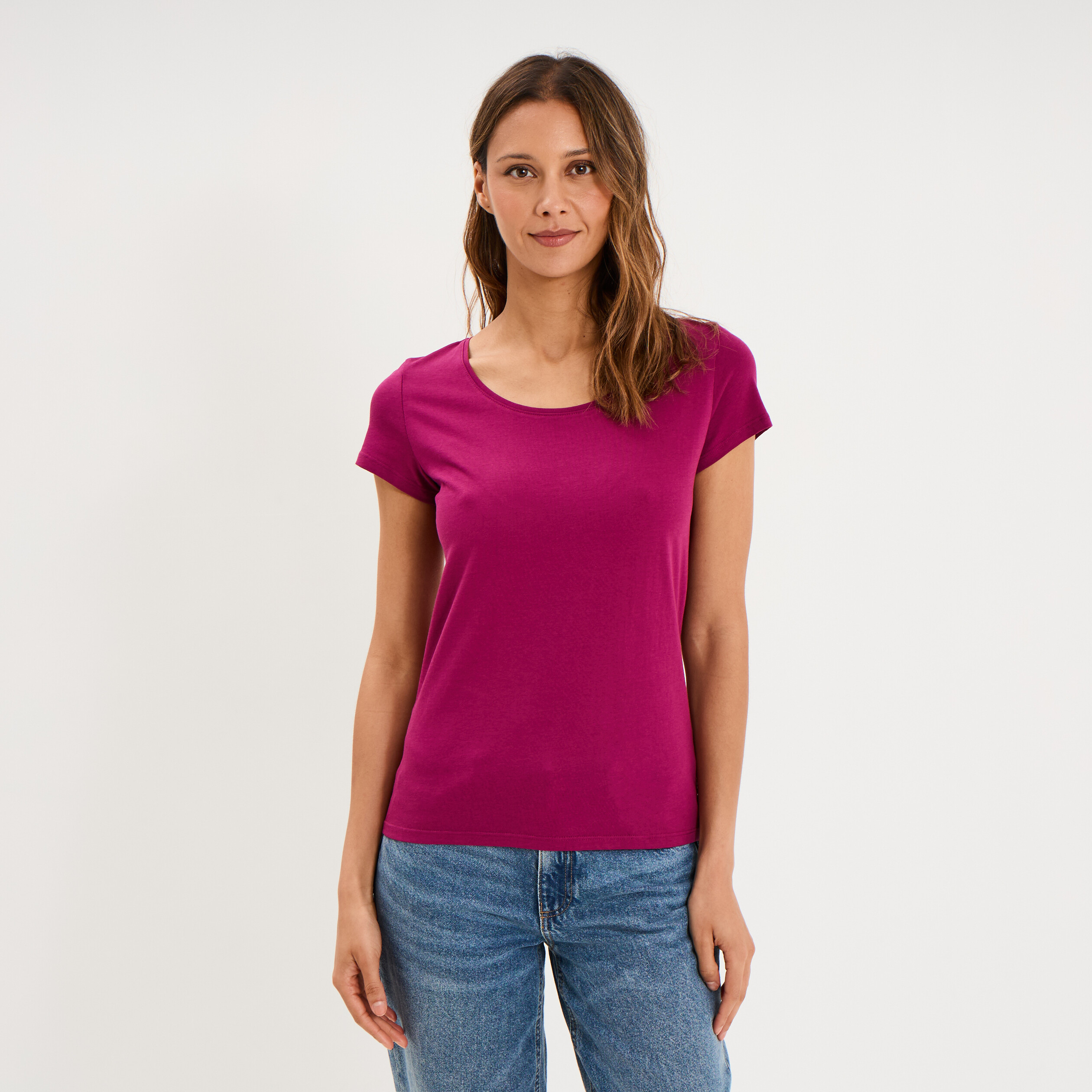 T-shirt coton col rond manches courtes prune femme