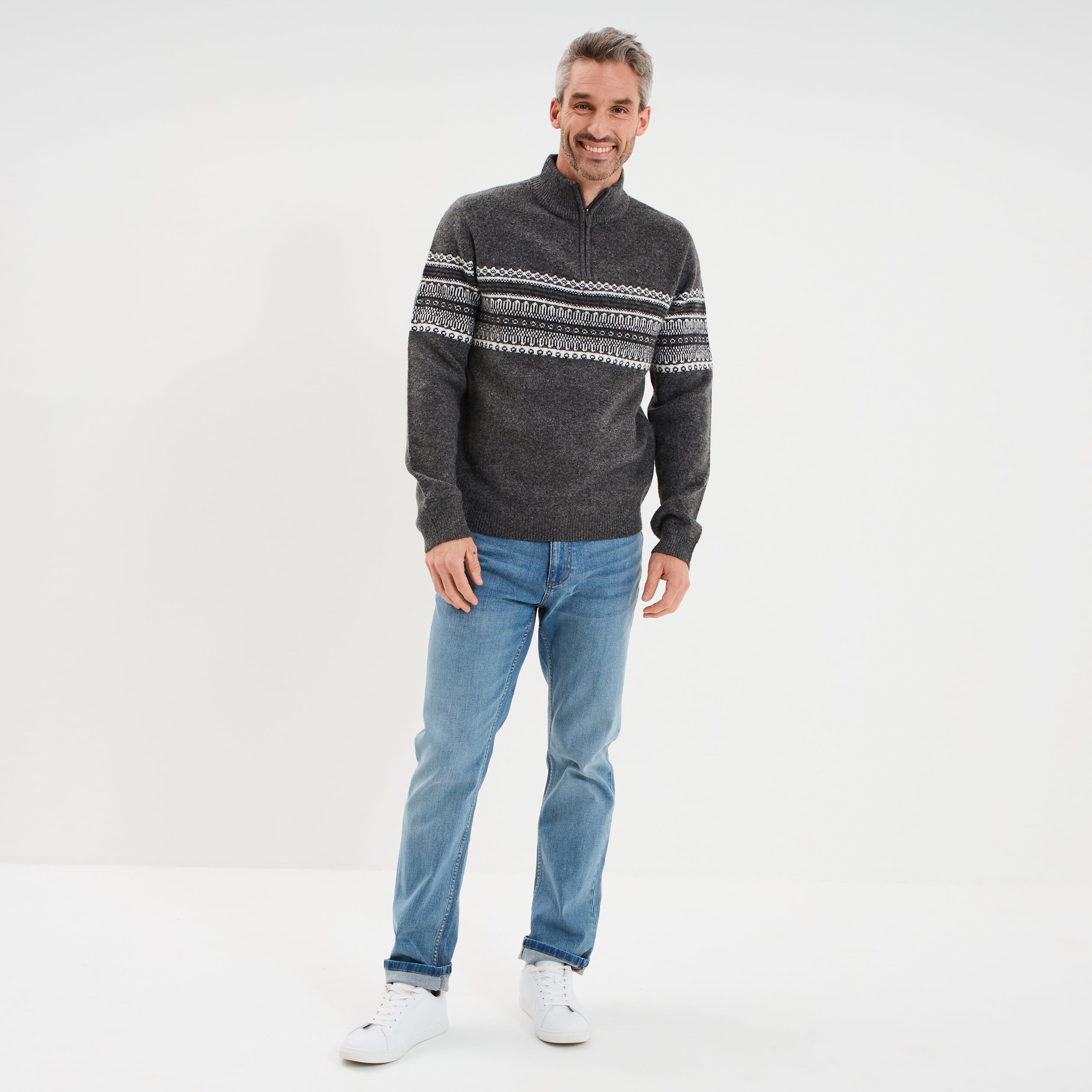 Pull camionneur jacquard manches longues gris fonc&eacute; homme