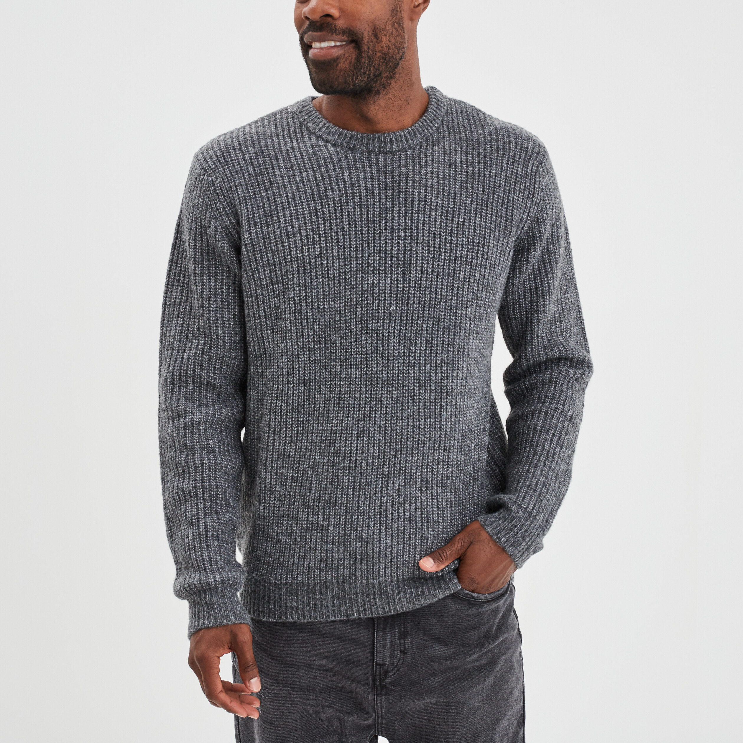 Pull col rond à manches longues gris foncé homme