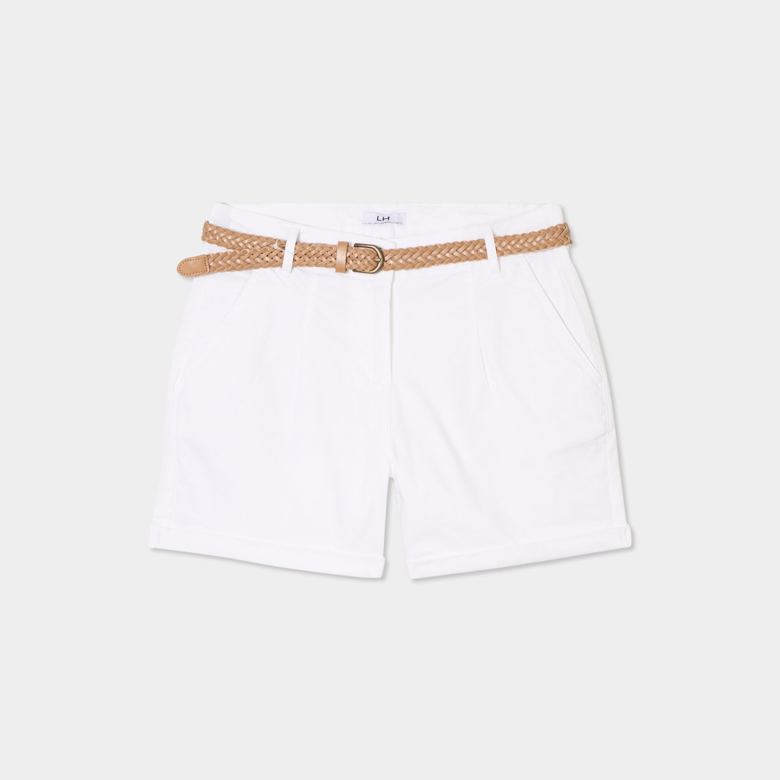 Short chino ceinture tress&eacute;e blanc femme