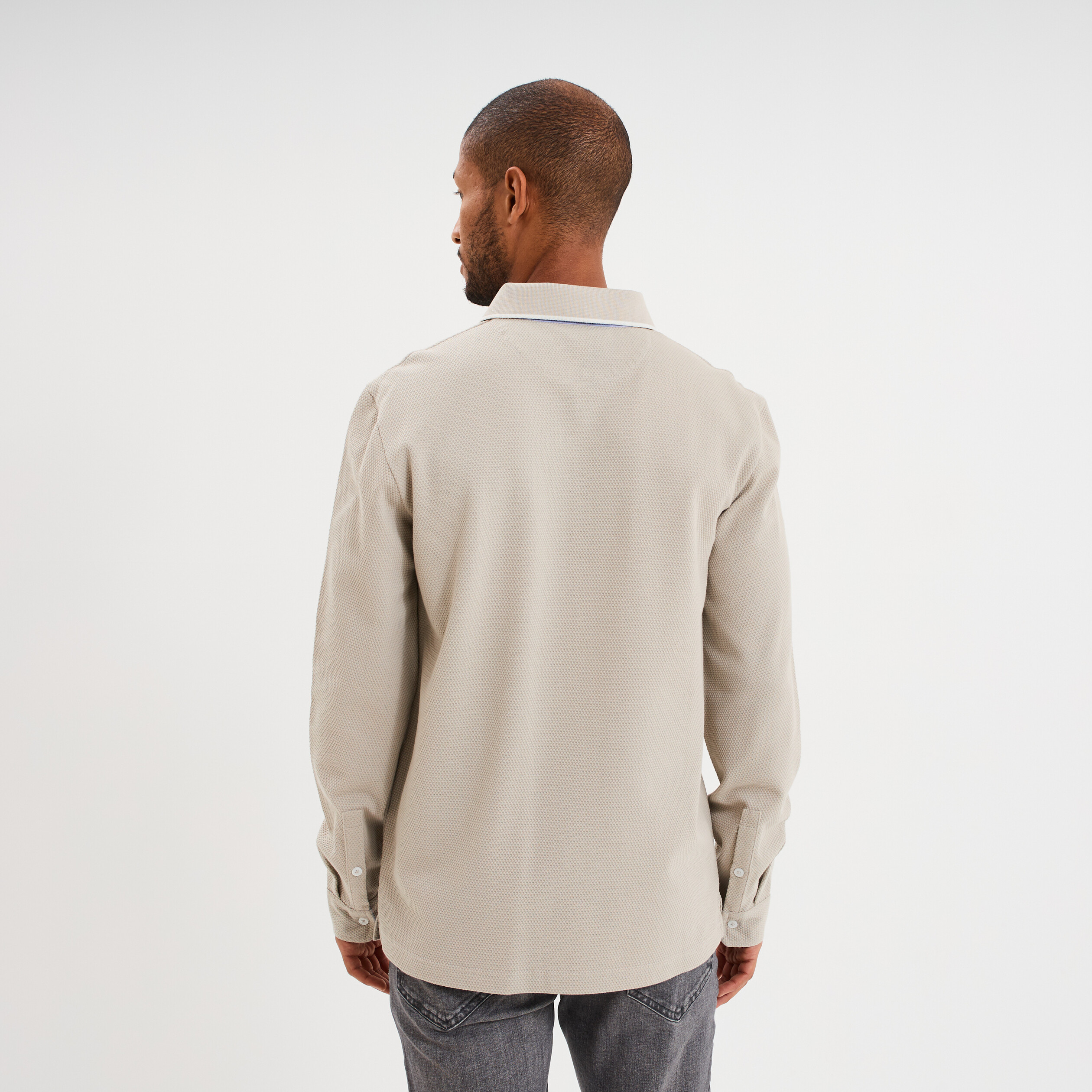 Polo piqu&eacute; droit manches longues coton gris clair homme