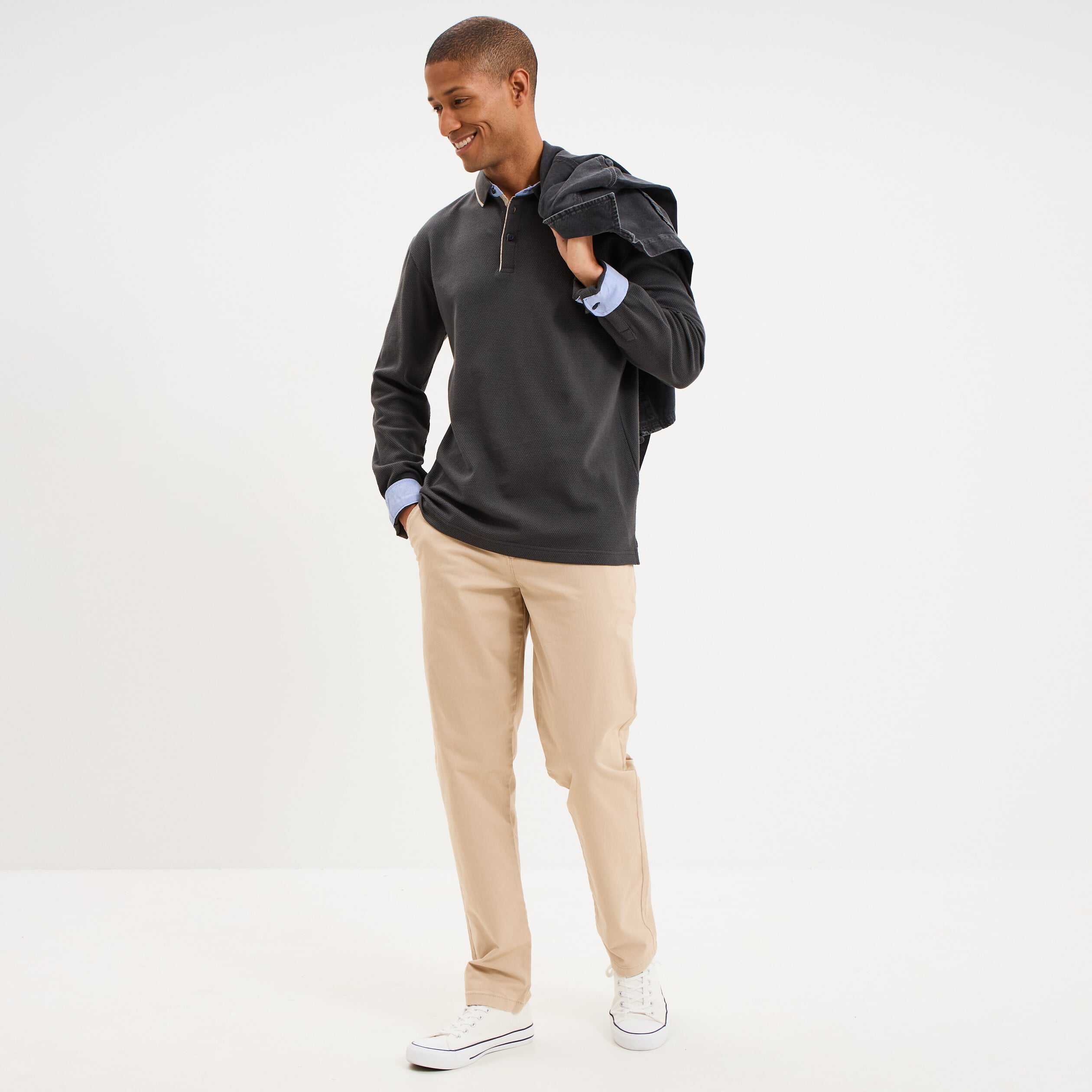 Polo piqu&eacute; droit manches longues coton gris homme