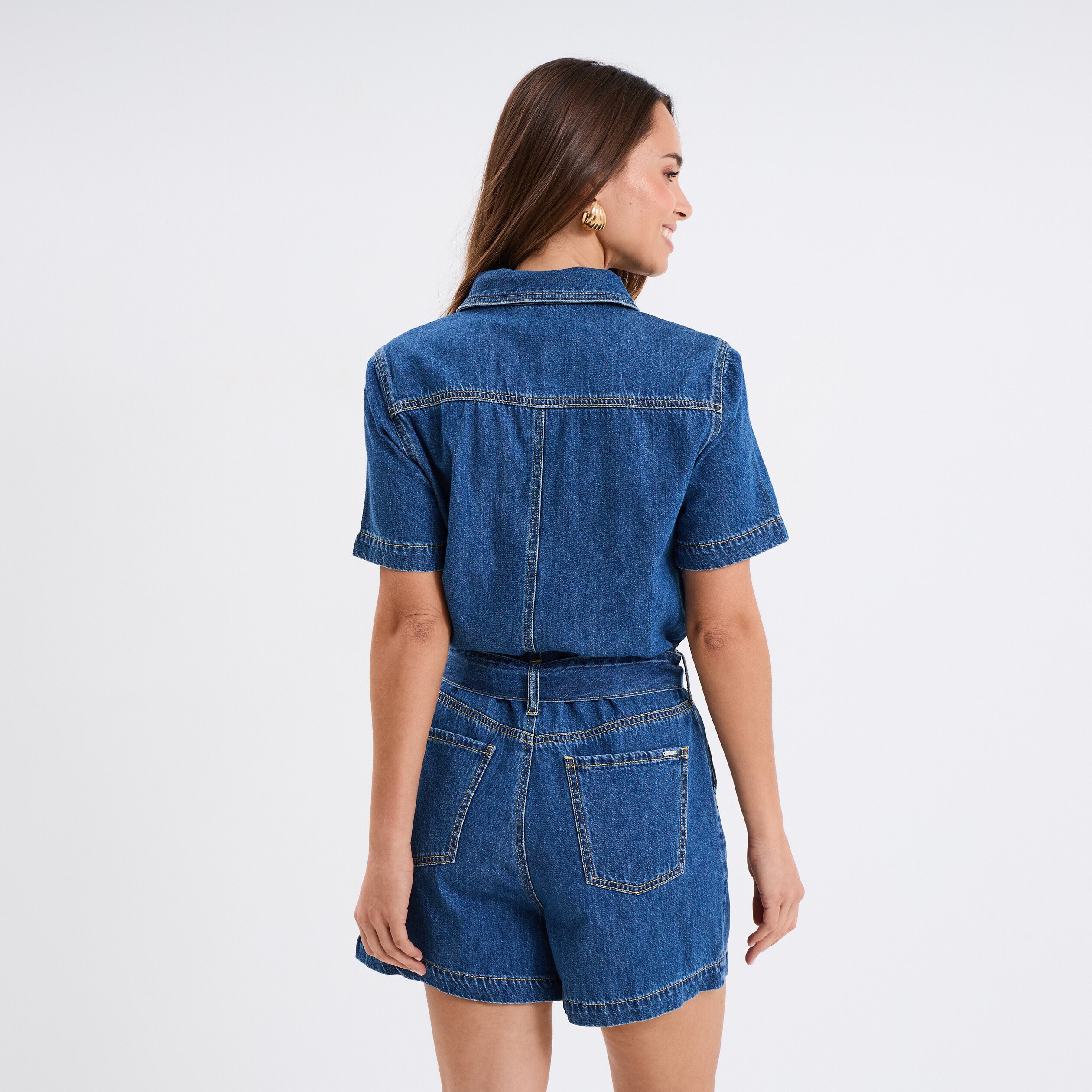 combishort en jean ceinturee coton denim stone femme Combishort en jean ceinturée coton denim stone femme