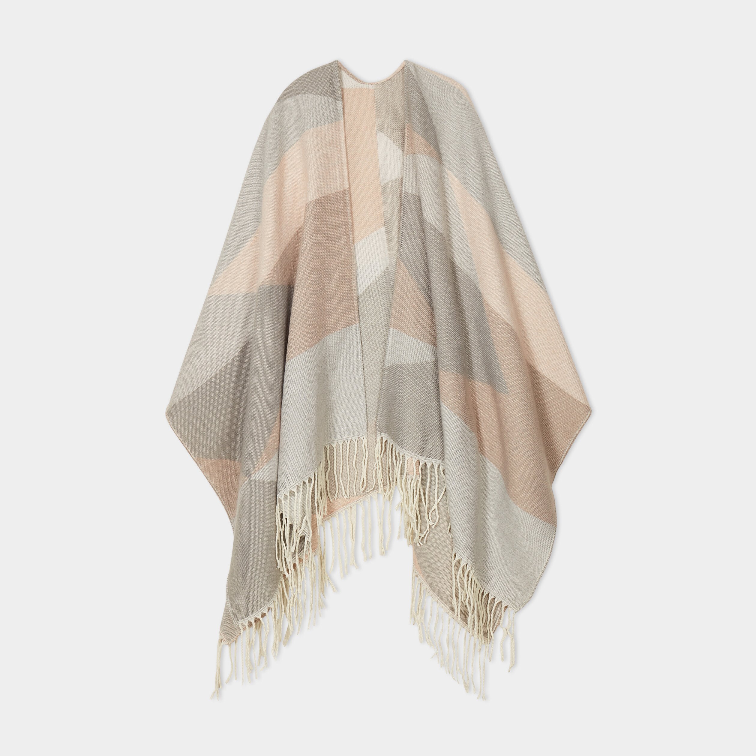 Poncho ample asymétrique à franges gris clair femme La Halle