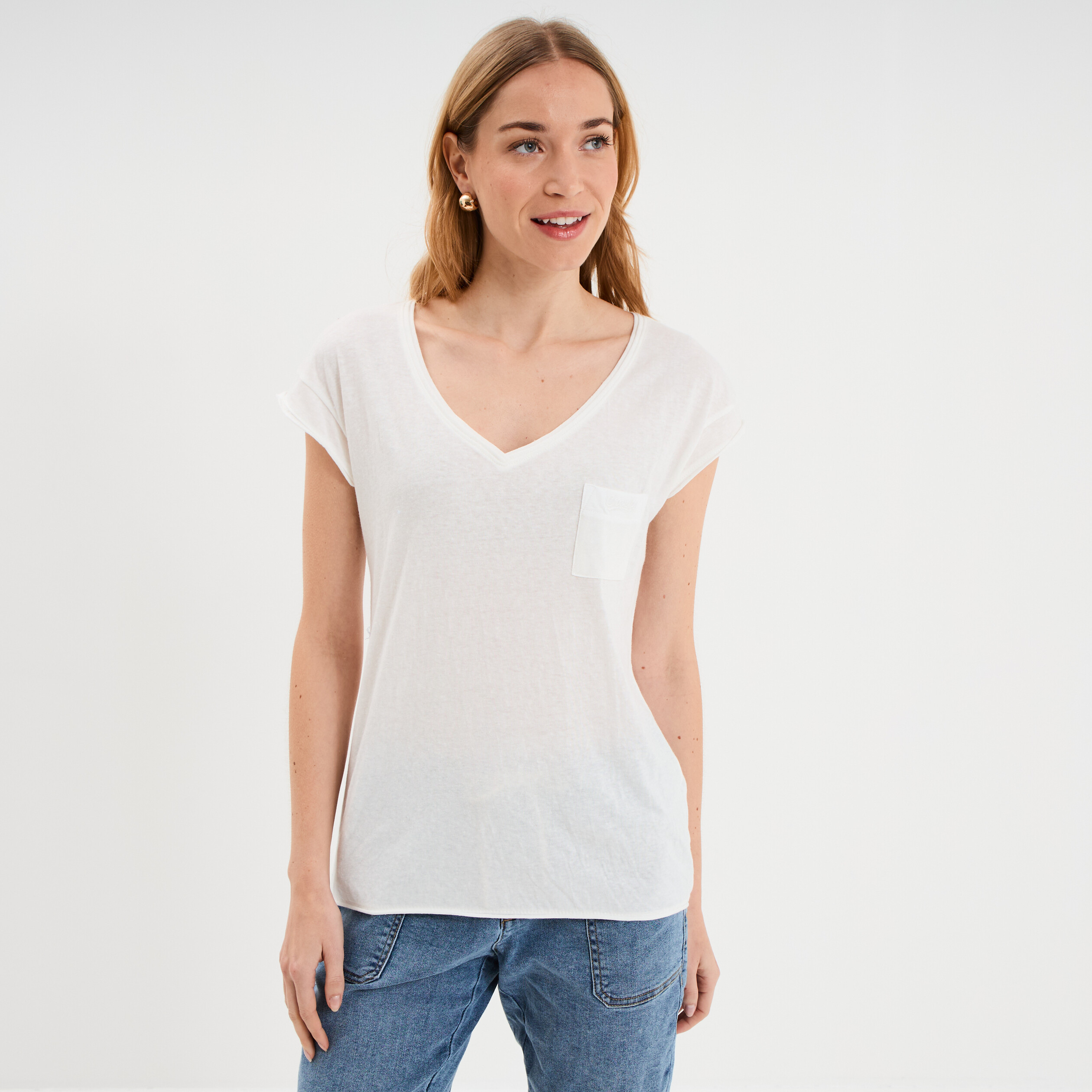 T-shirt col v poche poitrine blanc femme