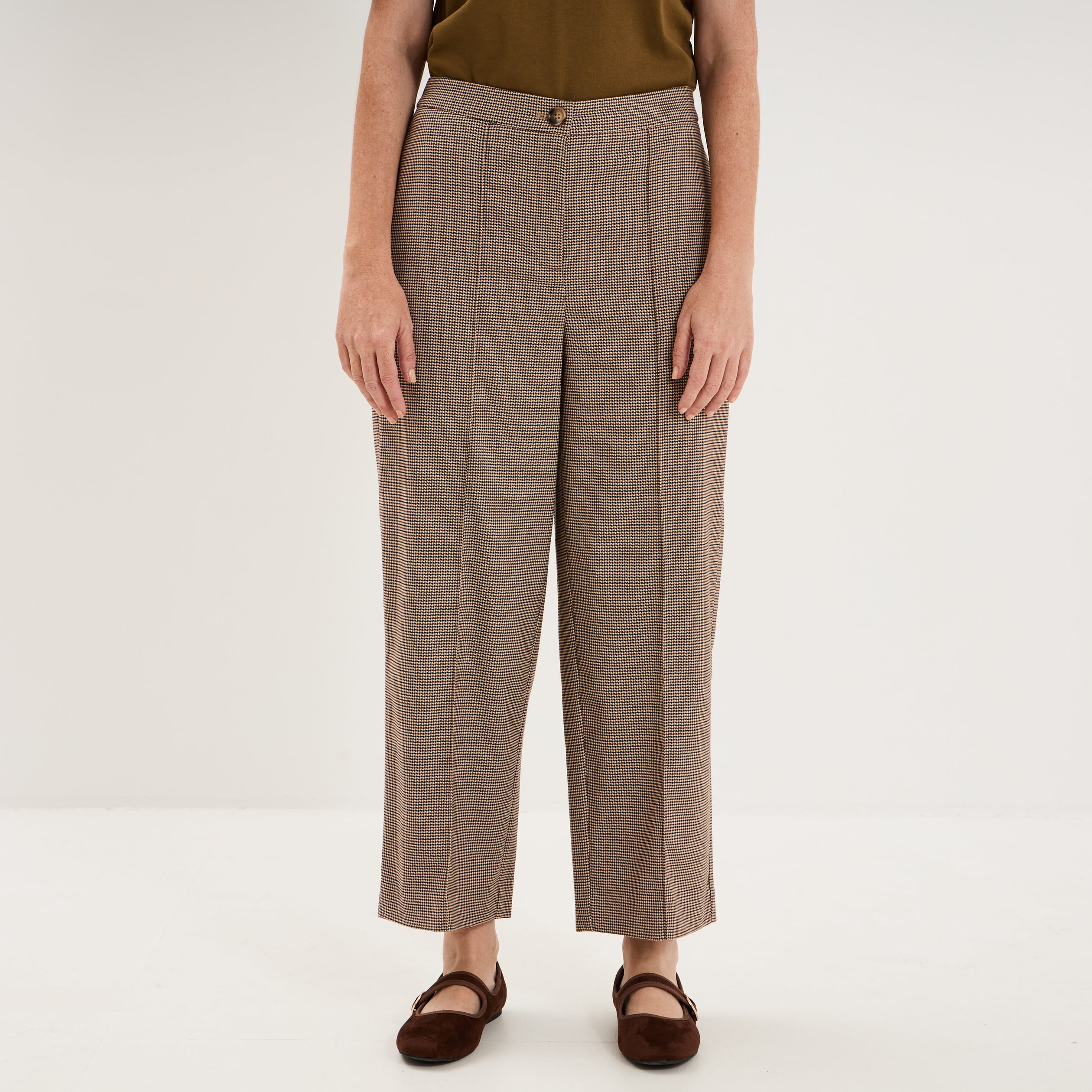 Pantalon droit cropped taille haute marron femme