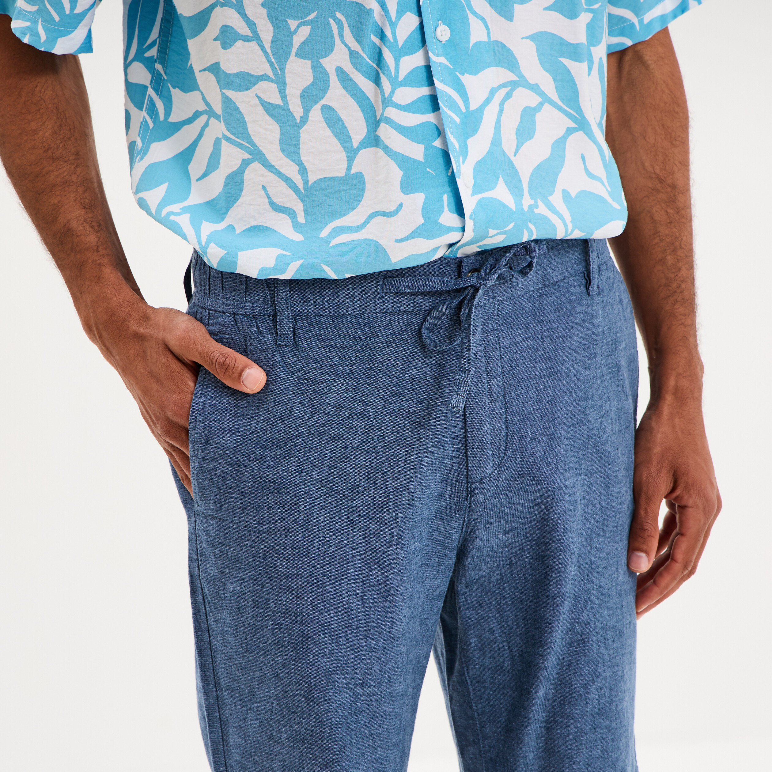 Bermuda chino &agrave; coulisse lin m&eacute;lang&eacute; bleu homme