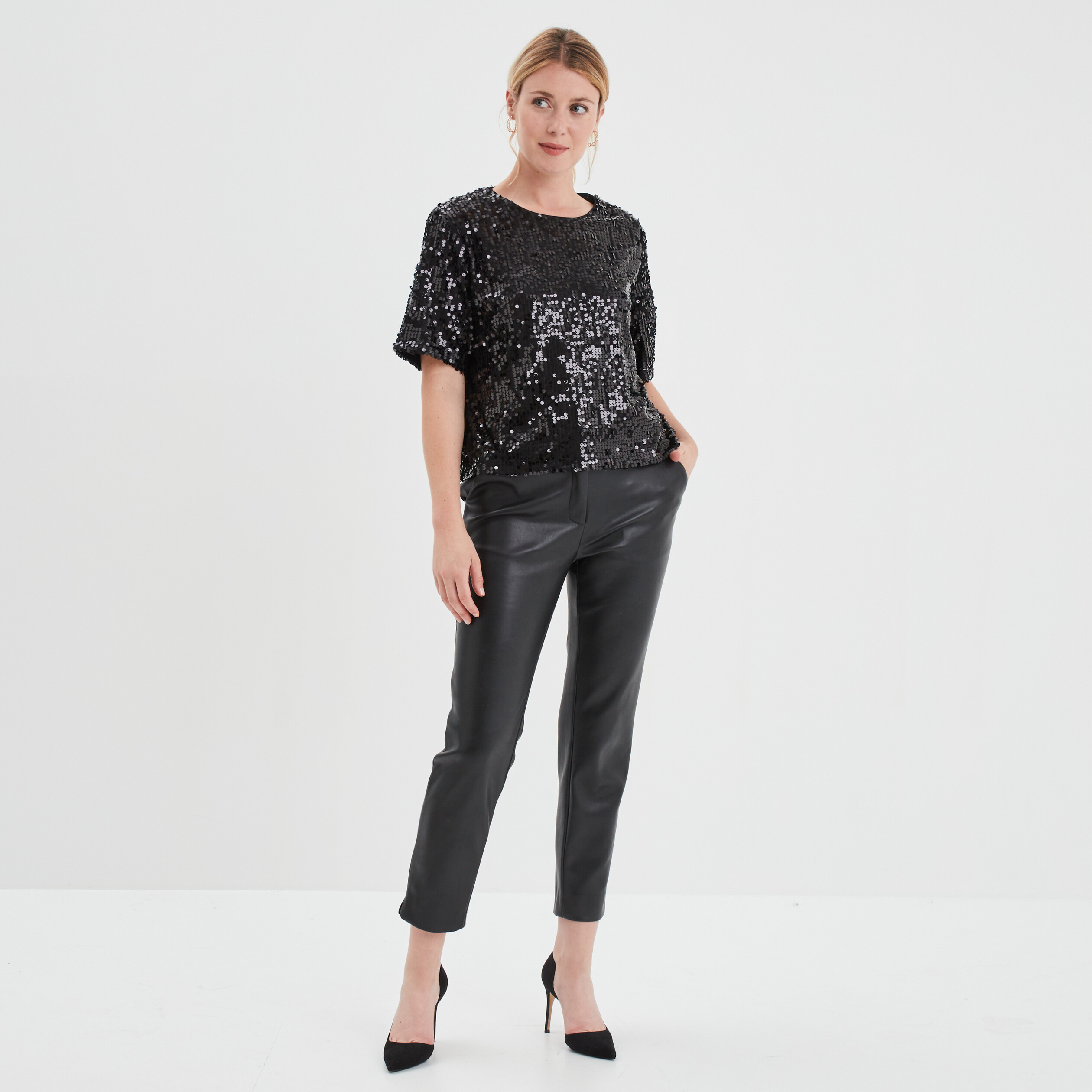 T-shirt à sequins manches courtes droit noir femme