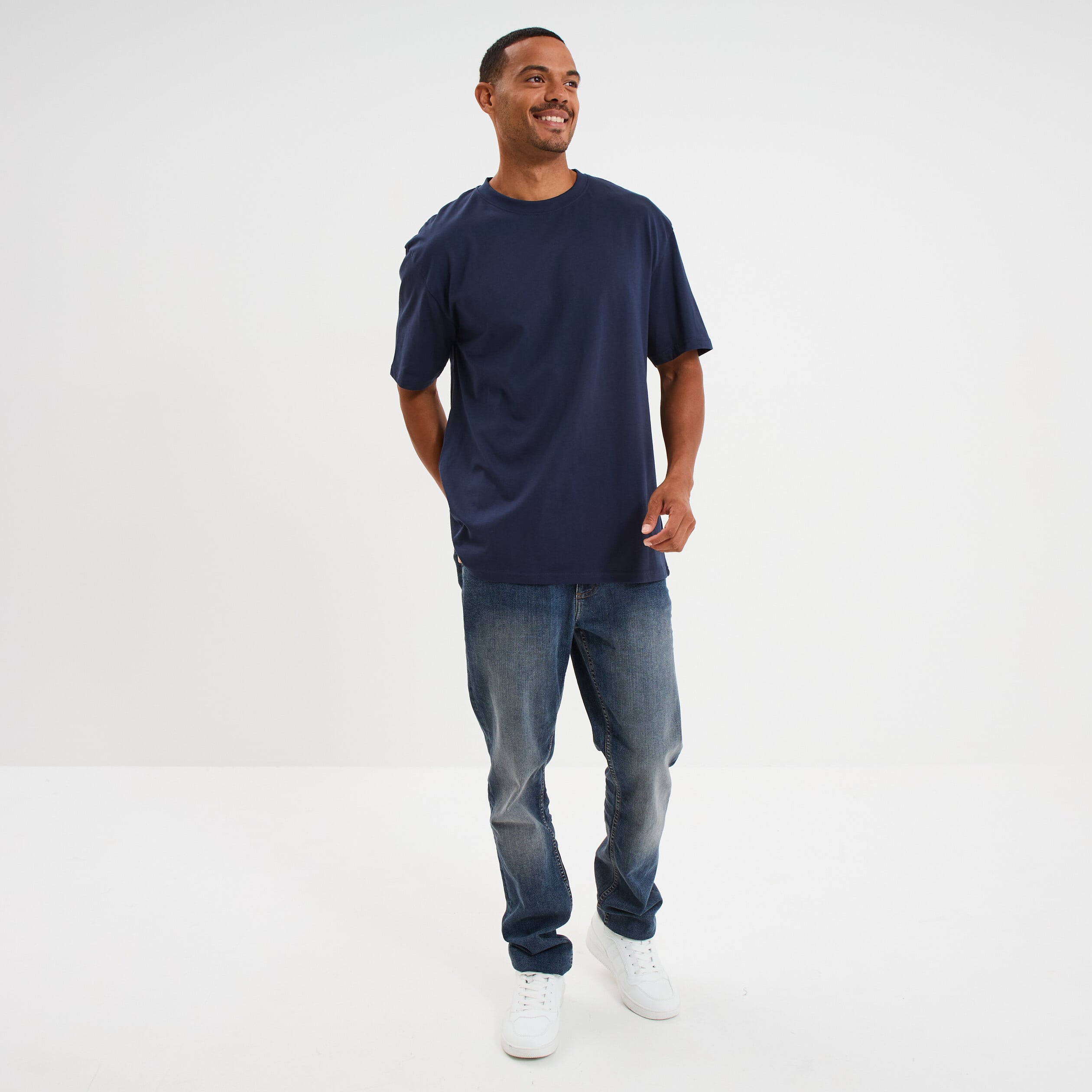 T-shirt col rond coupe relax coton &eacute;pais bleu marine homme
