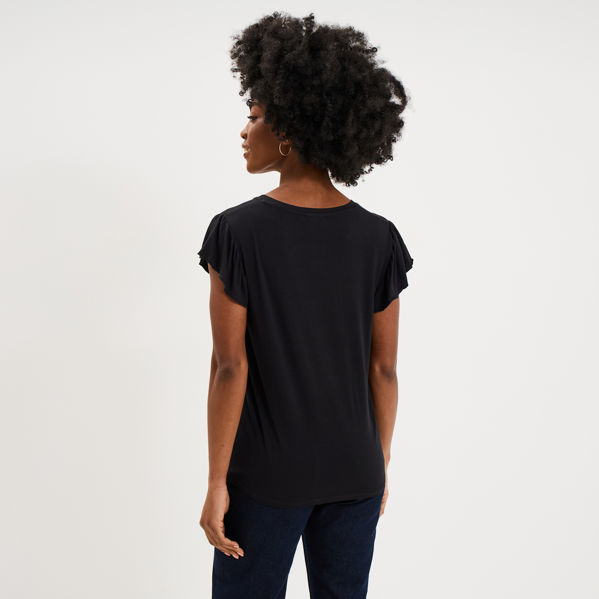 T-shirt droit manches courtes &agrave; volants noir femme