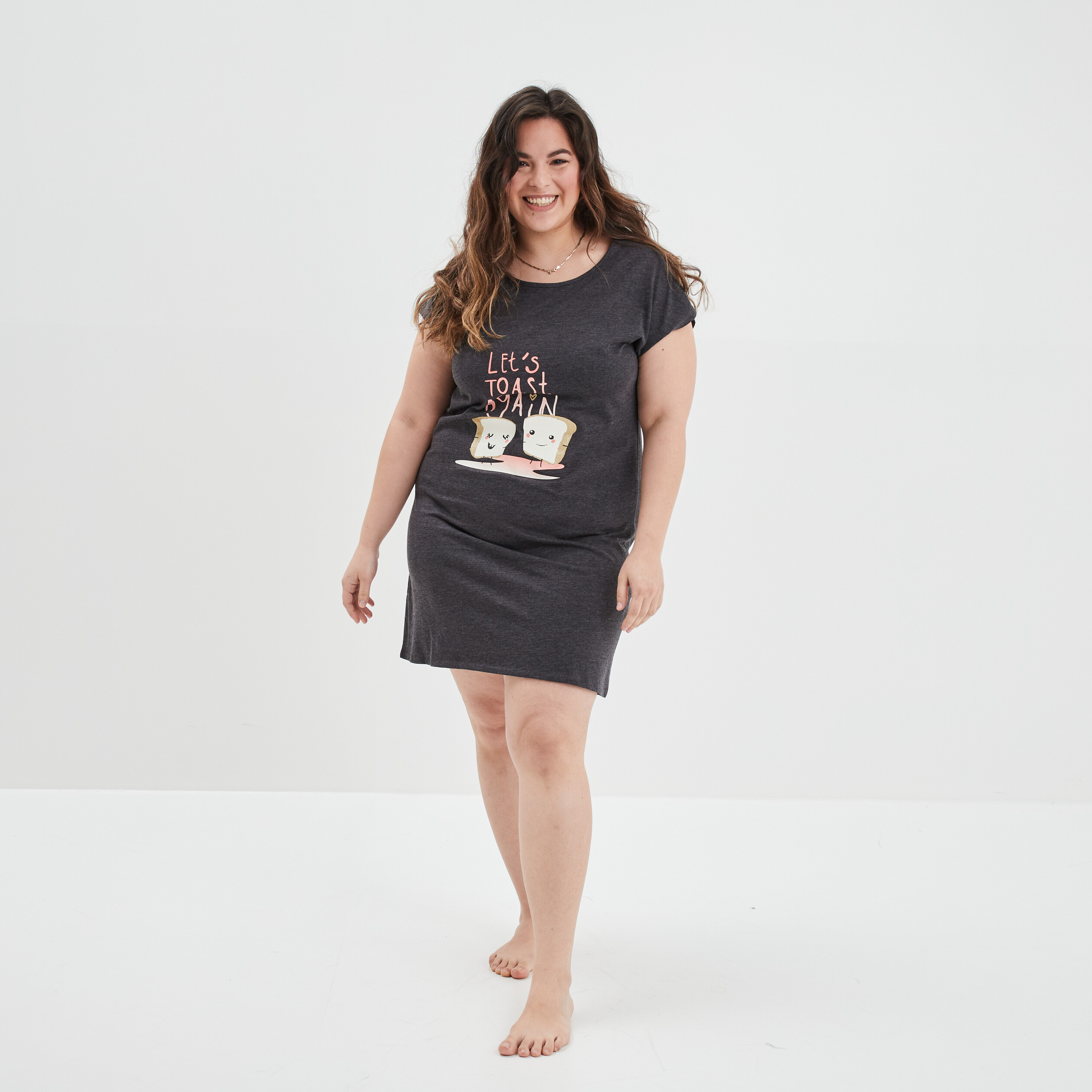Chemise de nuit manches courtes coton gris foncé femme grande taille