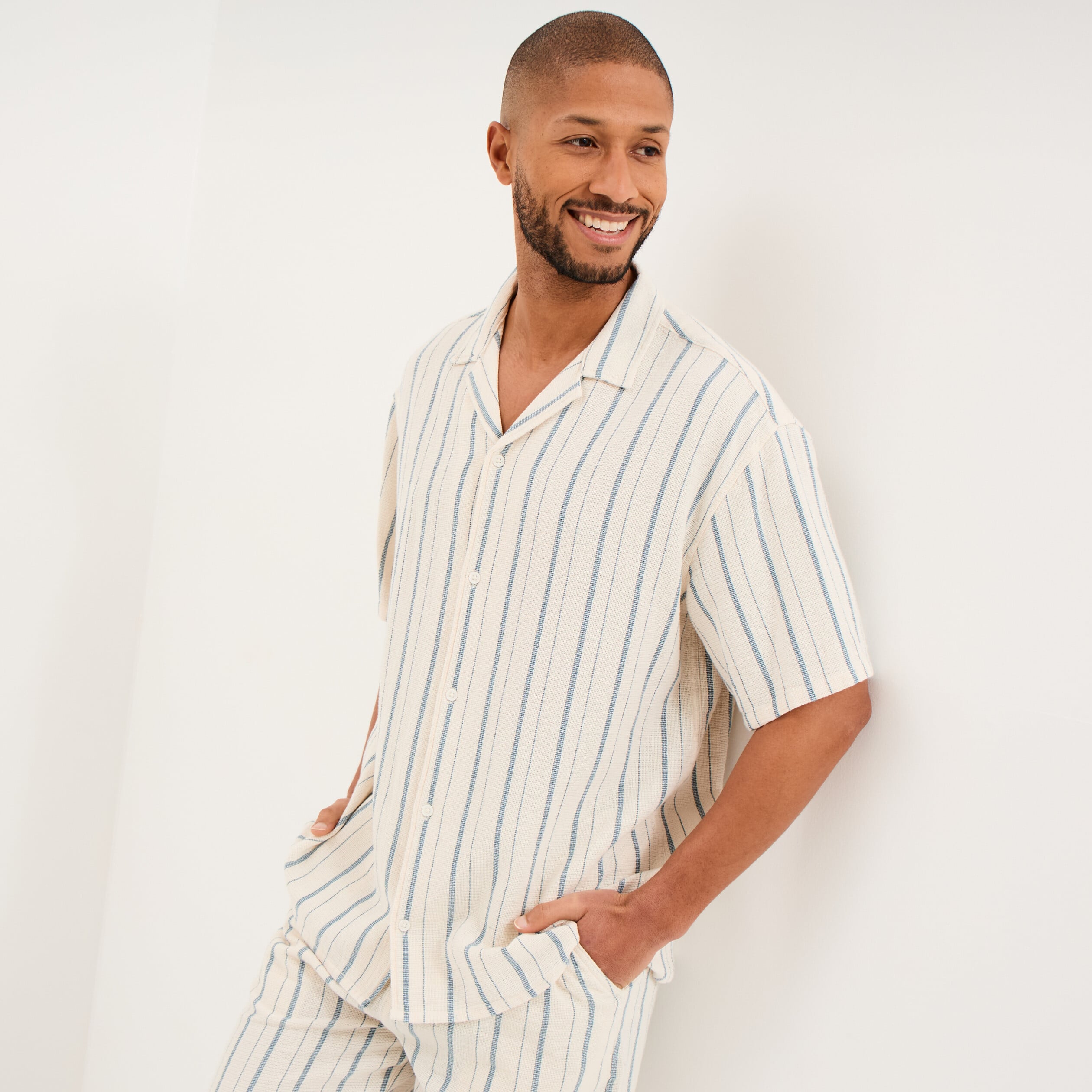 Chemise col cubain manches courtes coton bleu gris homme