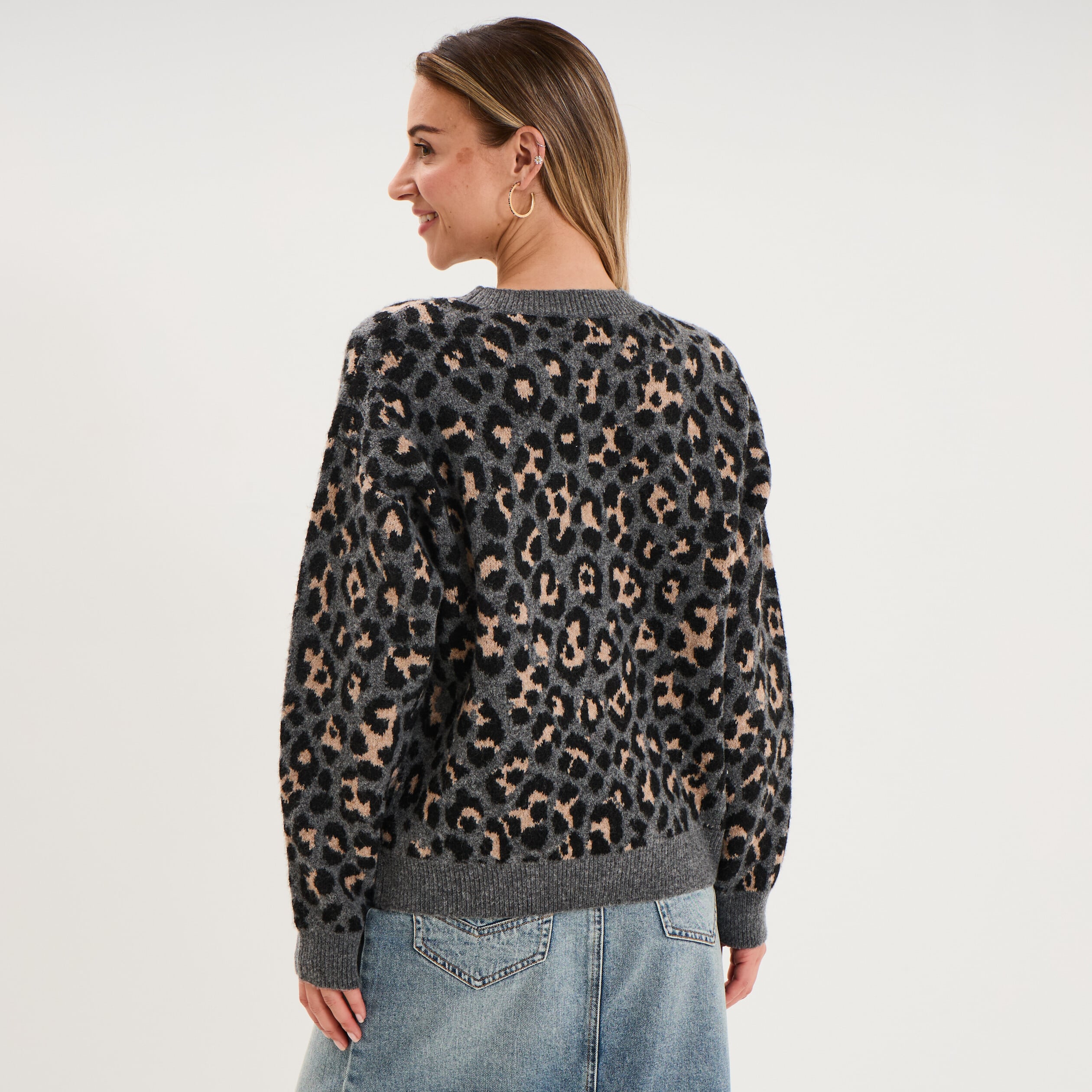 Pull col rond &agrave; manches longues gris moyen femme