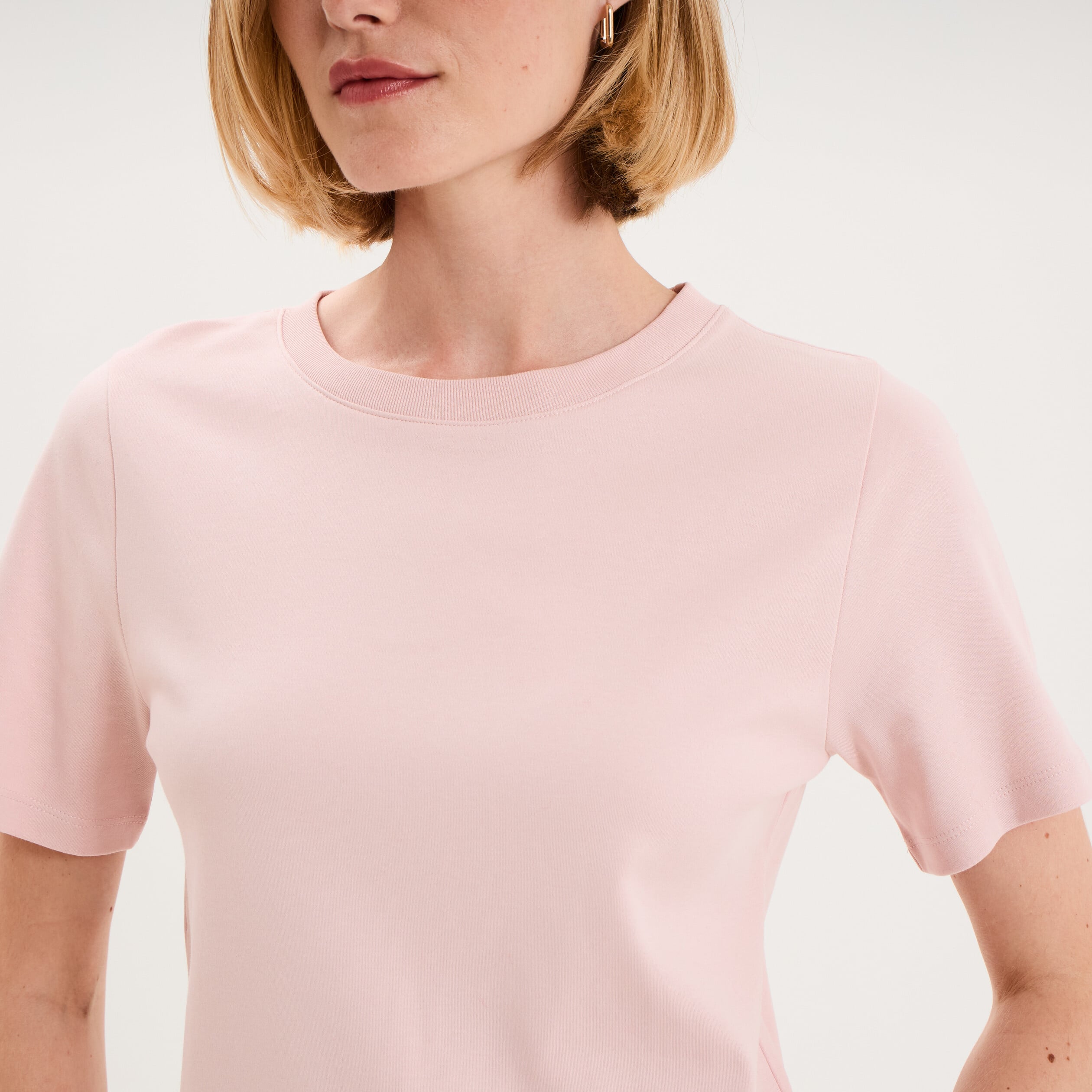 T-shirt col rond manches courtes coton rose pastel femme