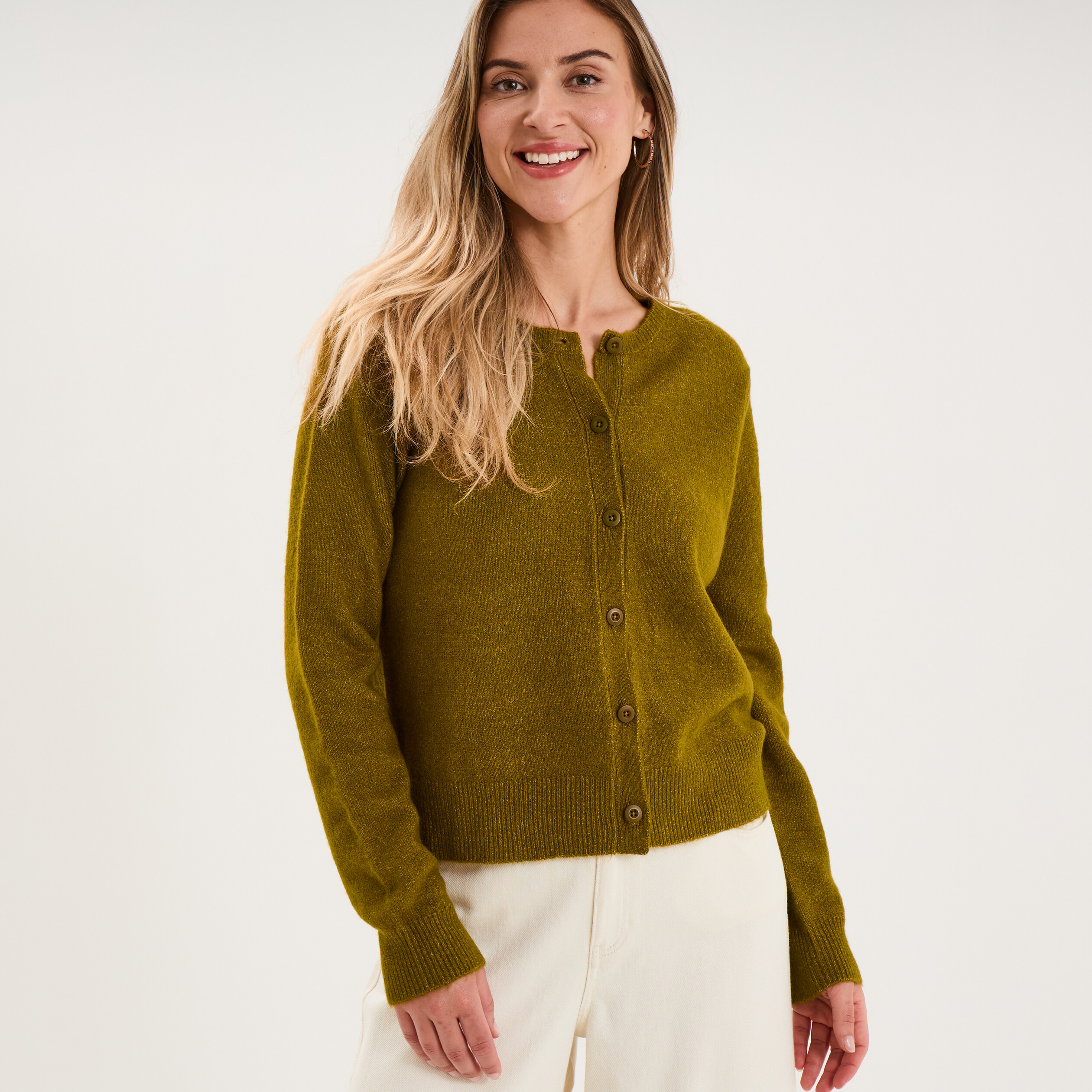 Gilet col rond manches longues vert olive femme