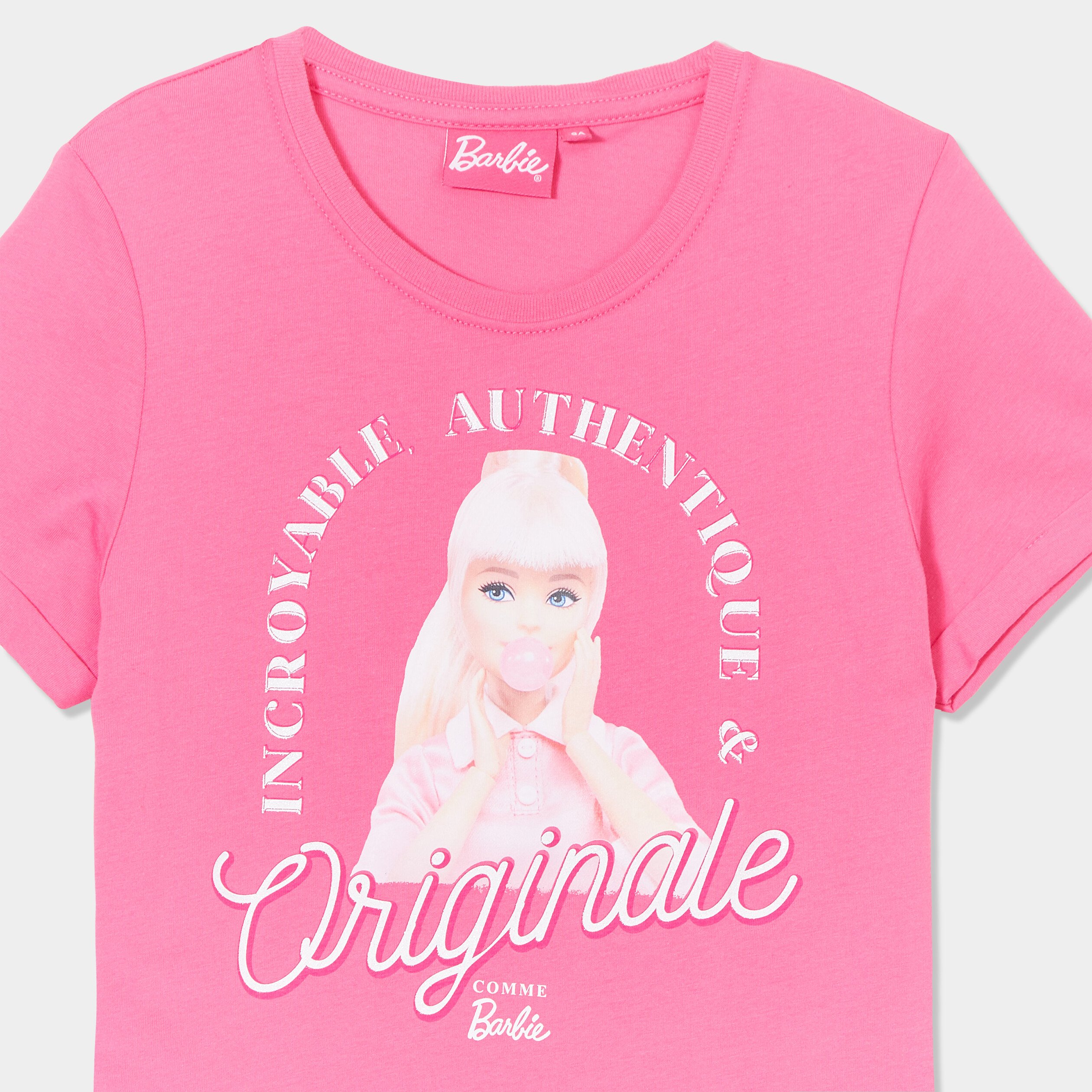 t shirt manches courtes coton barbie rose fushia fille T-shirt manches courtes coton Barbie rose fushia fille