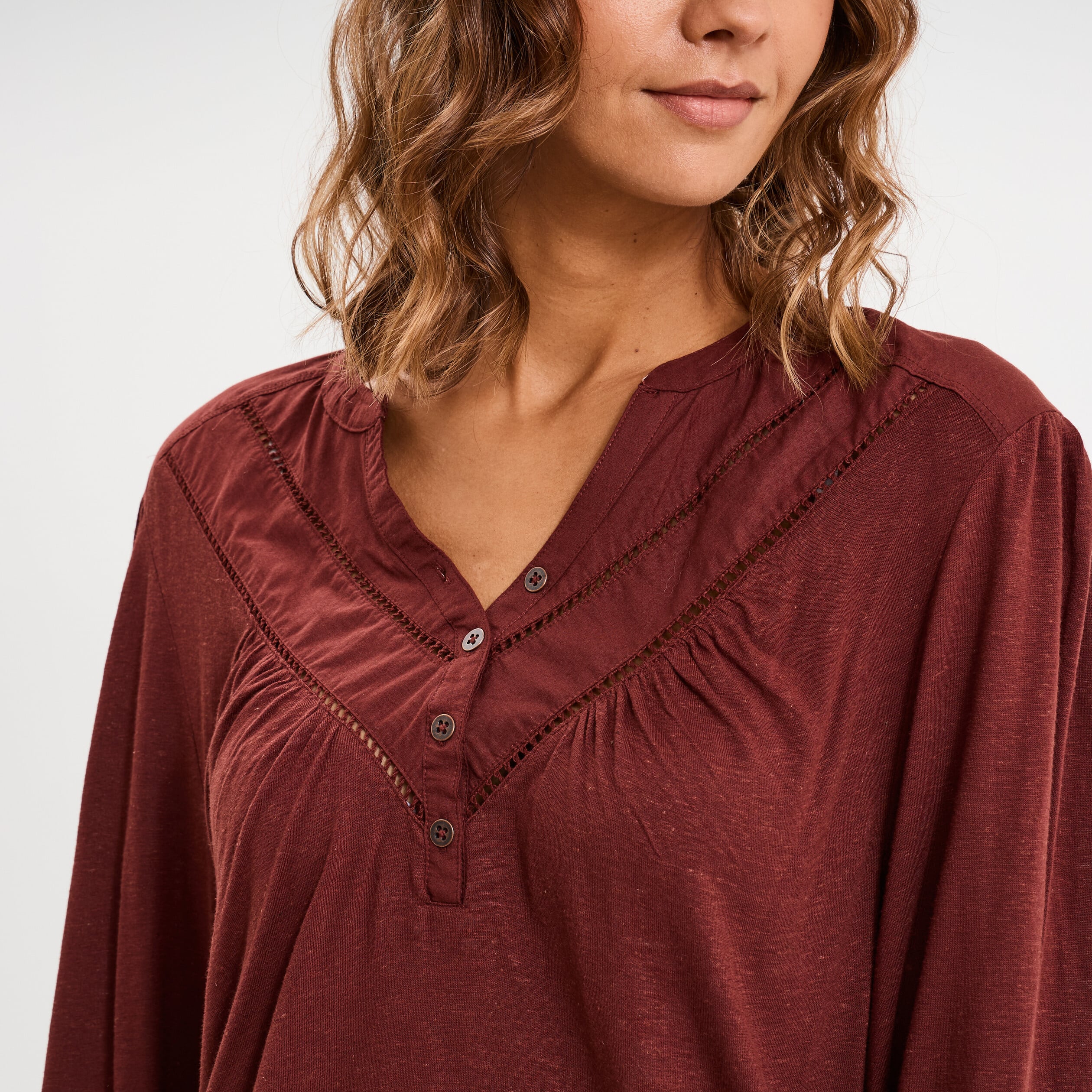 Blouse col tunisien m&eacute;lange lin marron femme