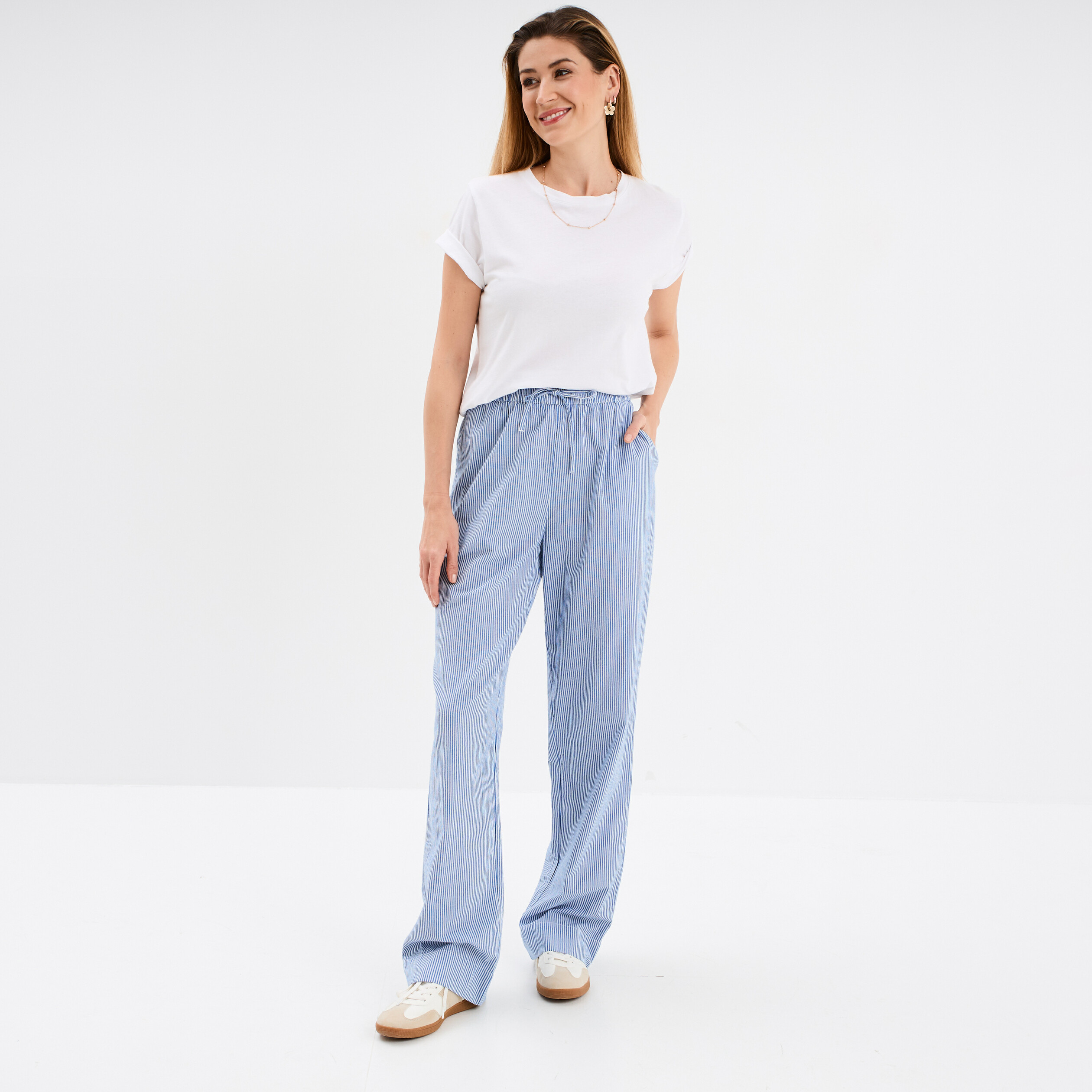 Pantalon droit fluide taille &eacute;lastiqu&eacute;e ecru femme
