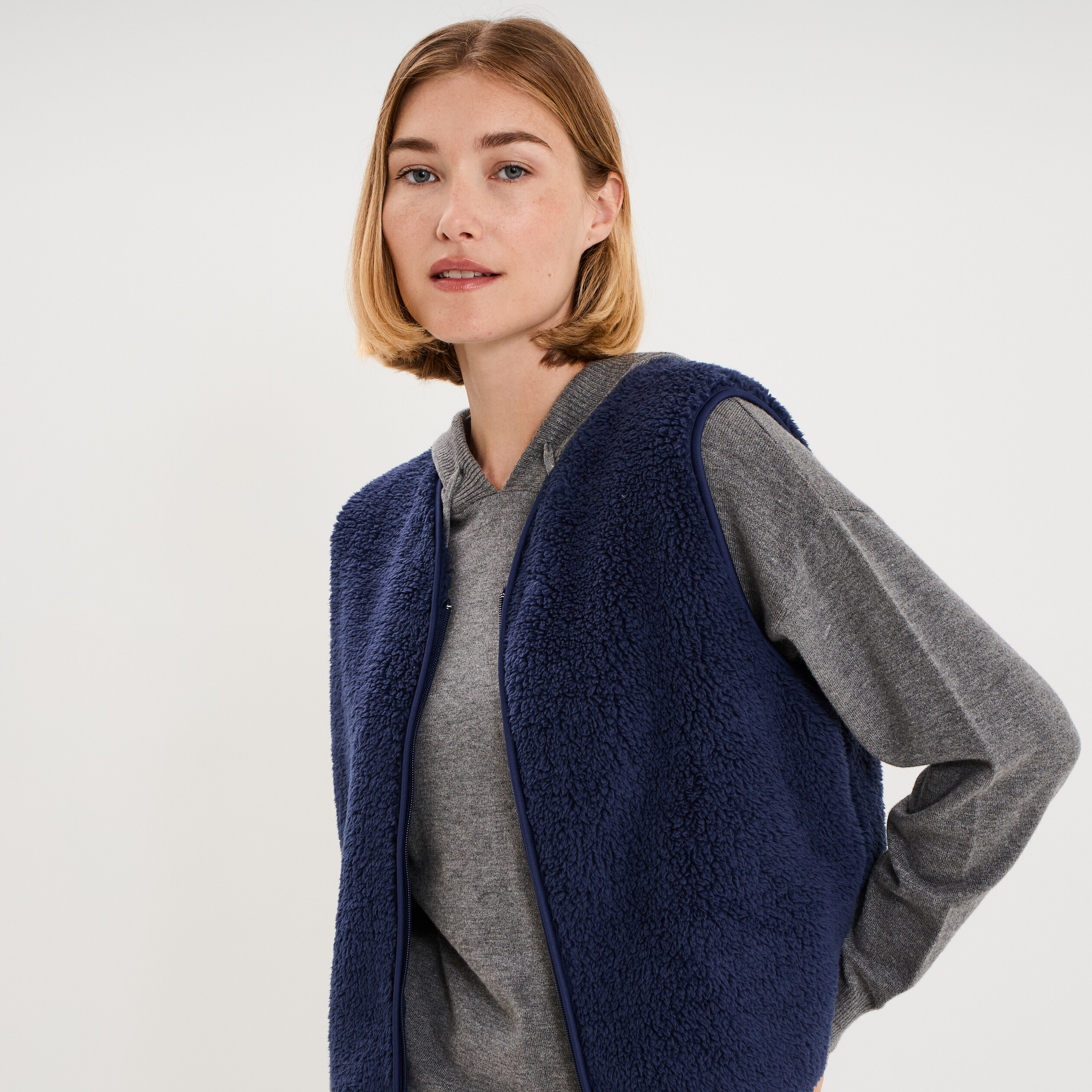 Gilet sans manches effet sherpa zipp&eacute; bleu marine femme