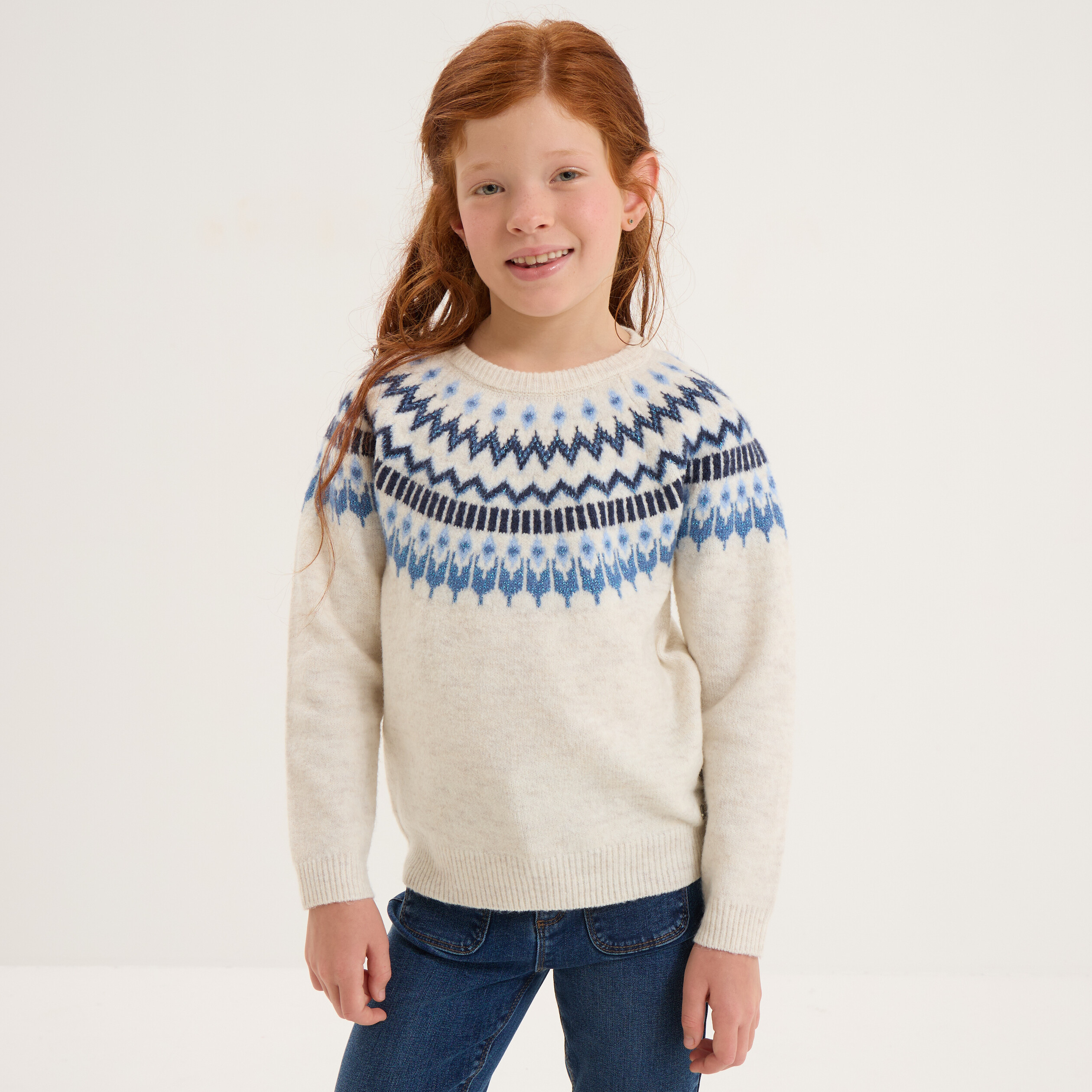 Pull jacquard col rond manches longues ecru fille