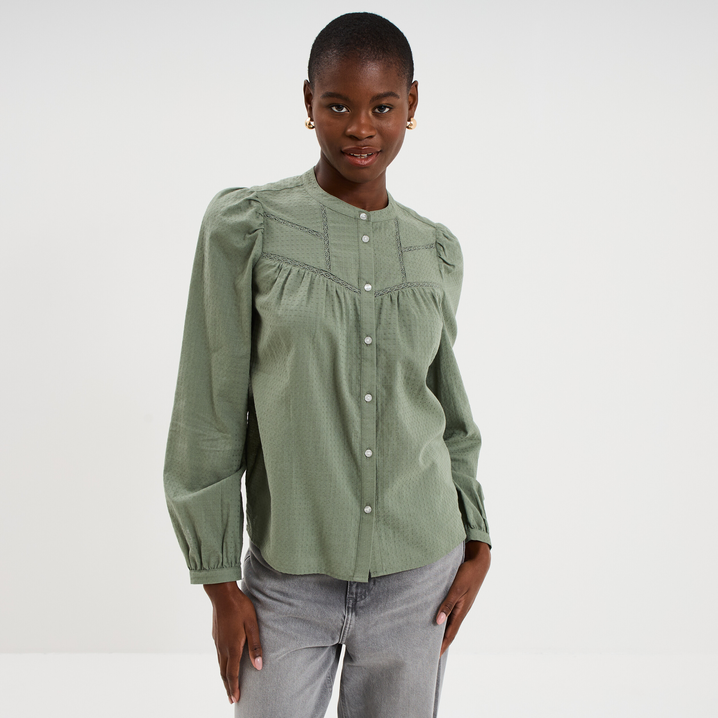 Blouse droite manches longues coton vert kaki femme