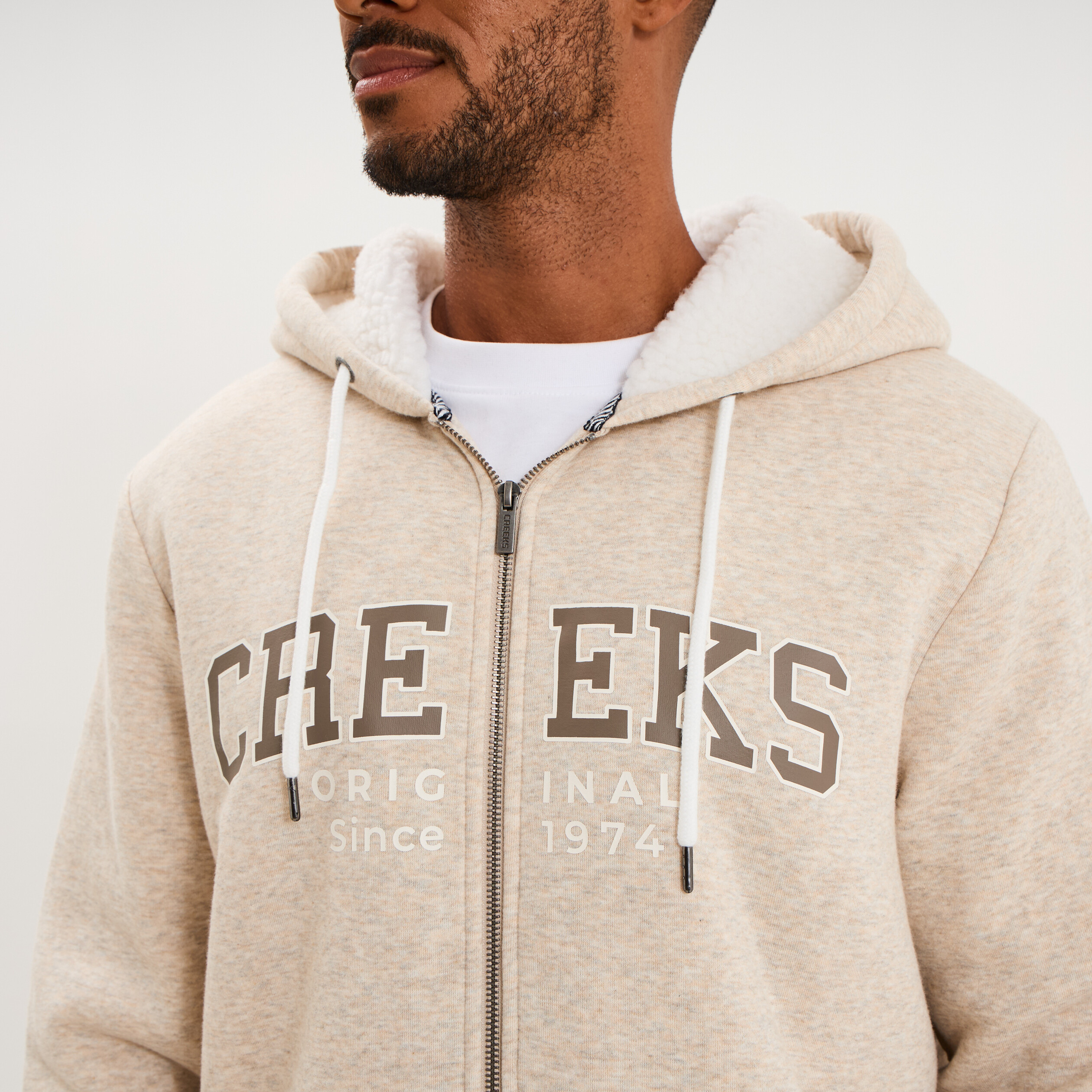 Sweat zipp&eacute; &agrave; capuche doubl&eacute; polaire beige homme