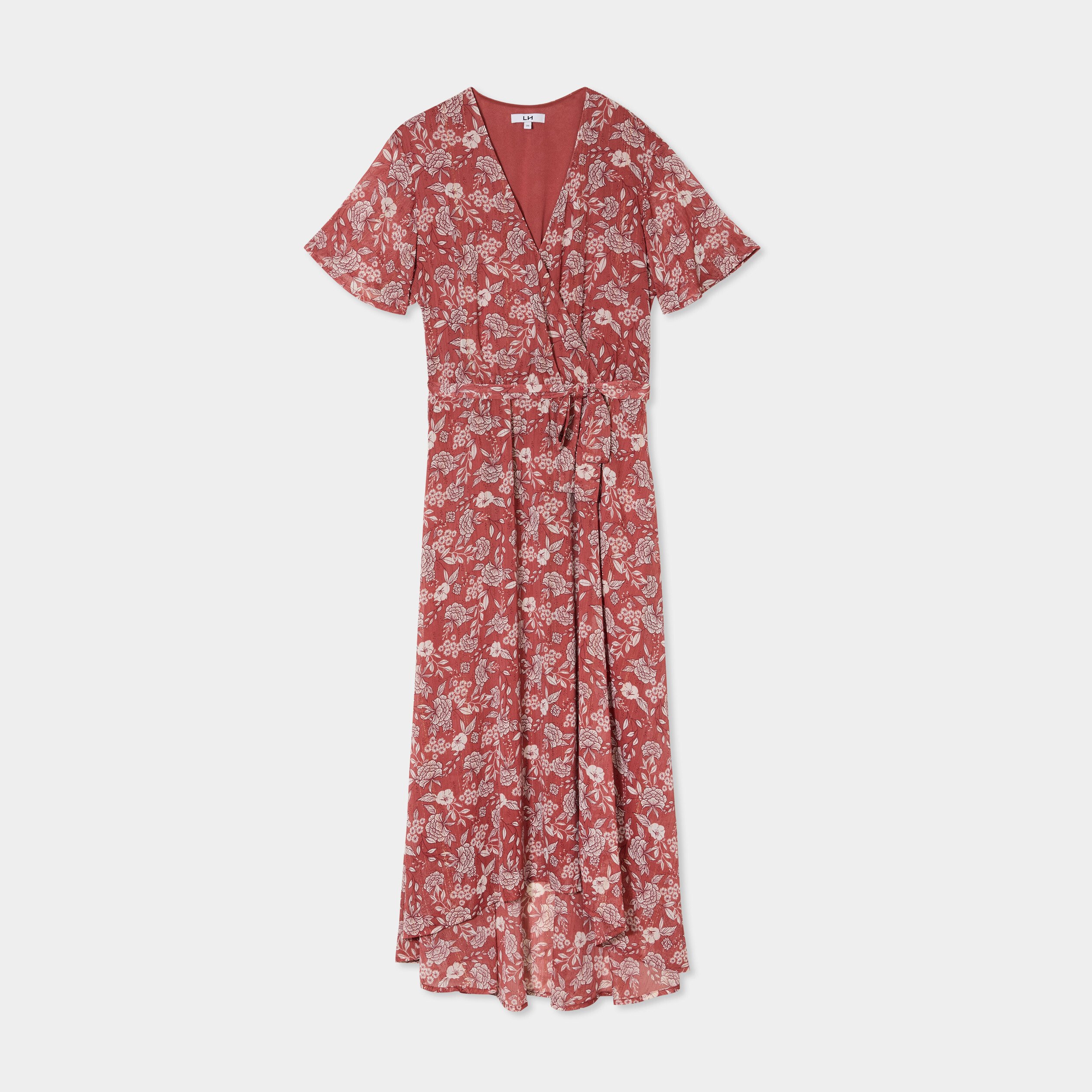 robe longue evasee col cache coeur terracotta femme Robe longue évasée col cache-coeur terracotta femme