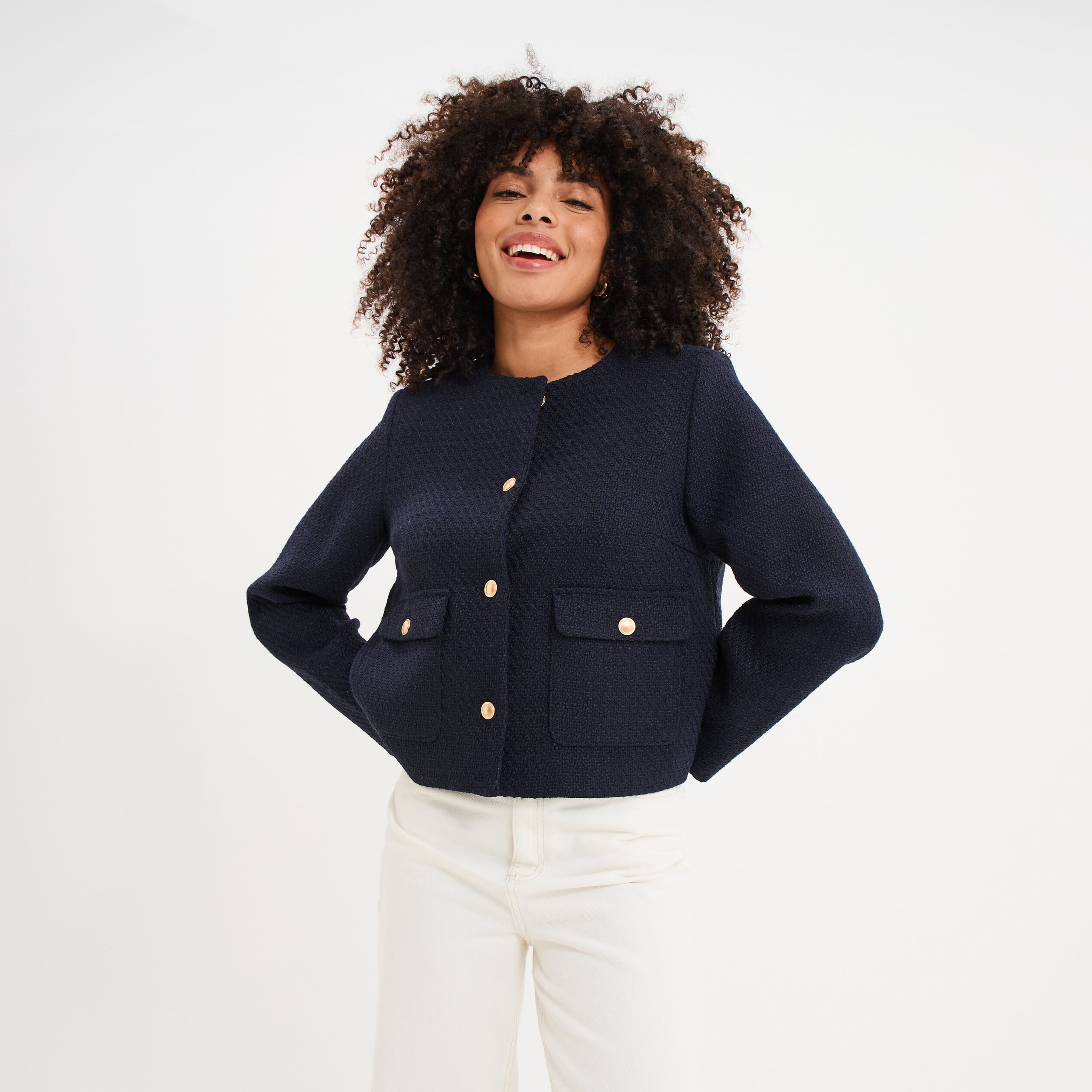 Veste effet tweed boutonn&eacute;e bleu fonc&eacute; femme
