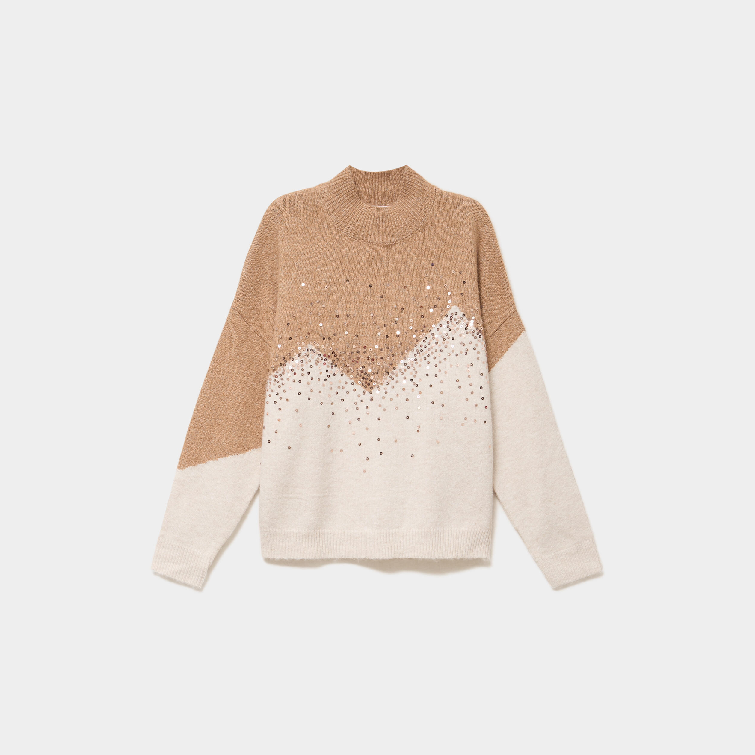 Pull col montant &agrave; sequins oversize beige femme