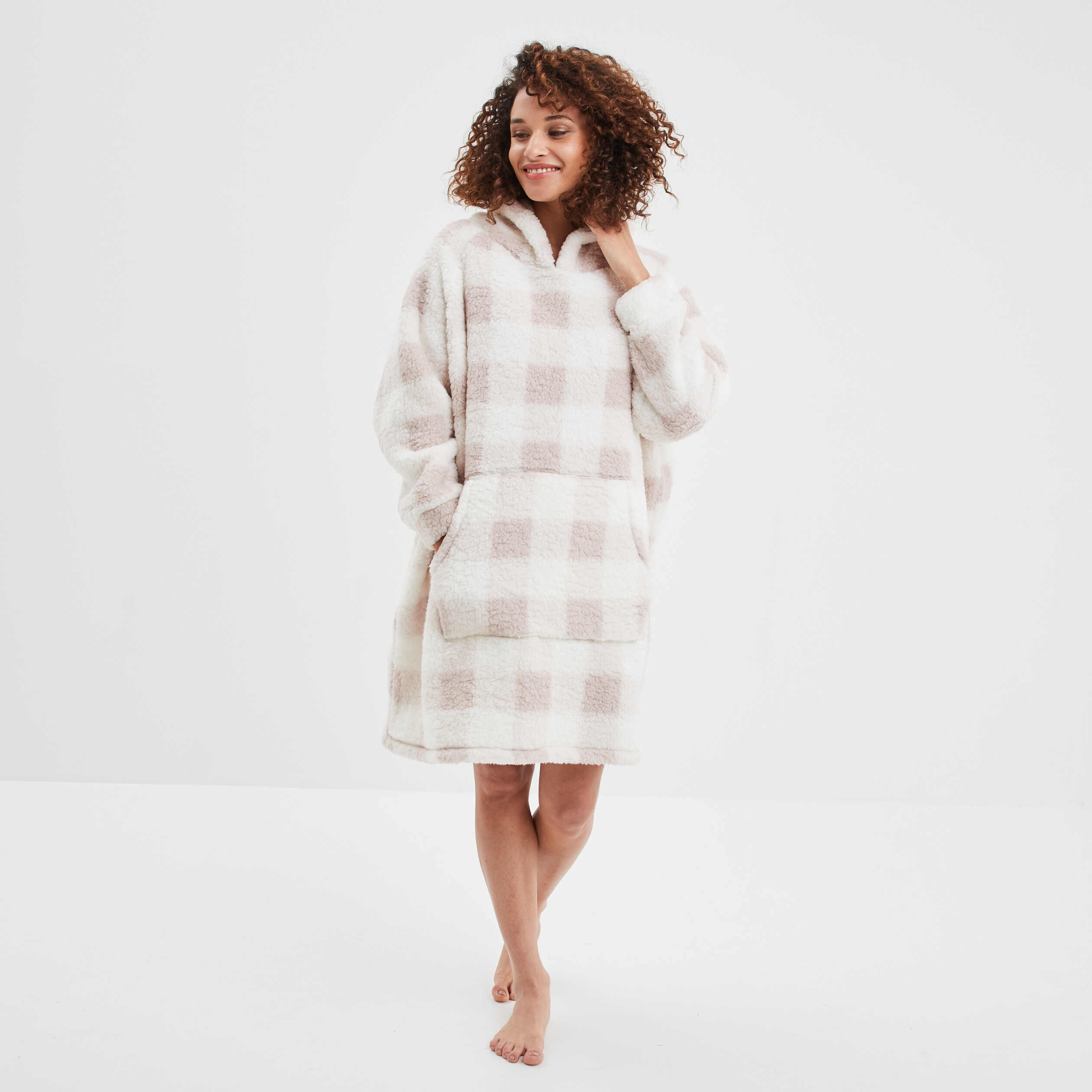 Poncho plaid long pilou rose femme