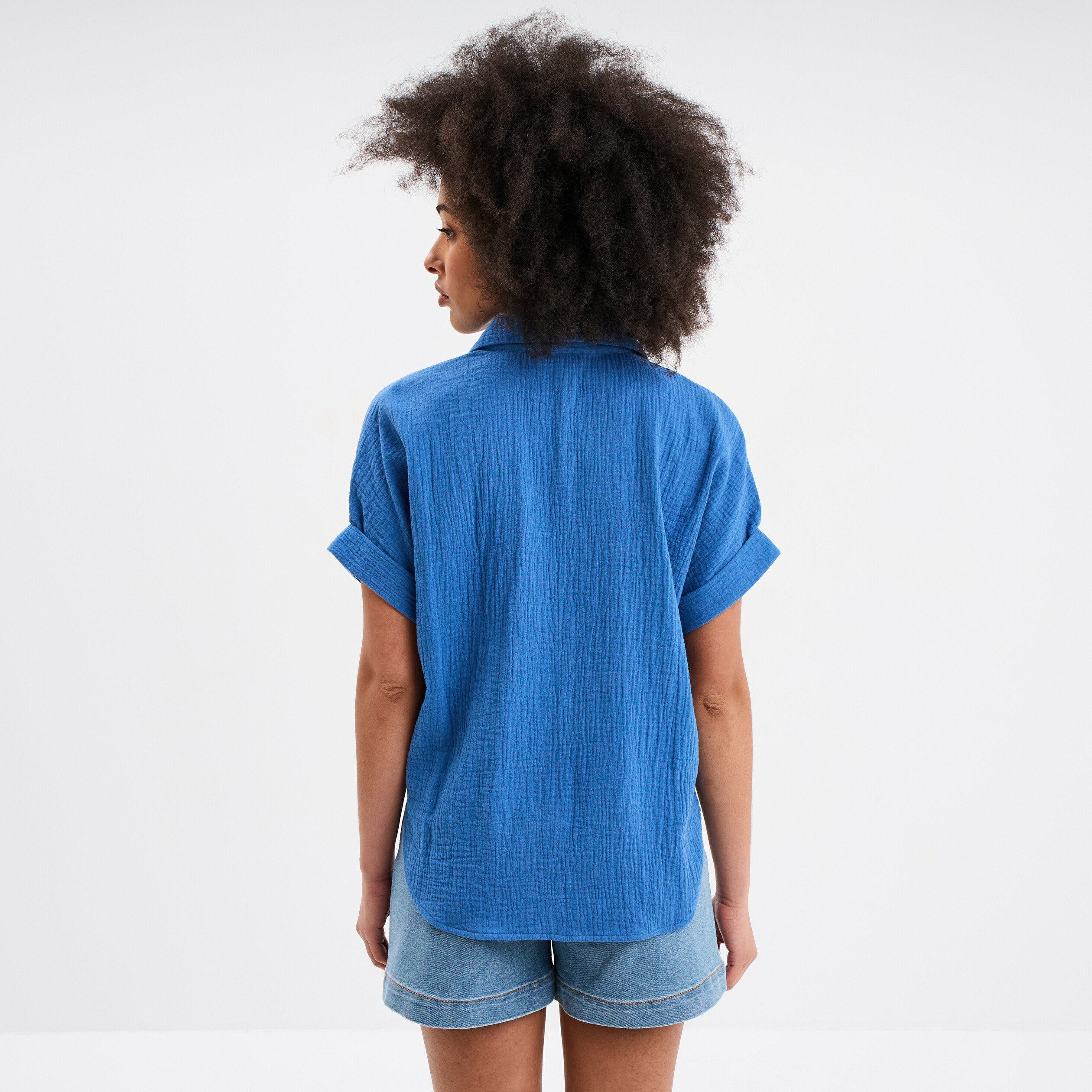 chemise nouee manches courtes gaze coton bleu fonce femme Chemise nouée manches courtes gaze coton bleu foncé femme