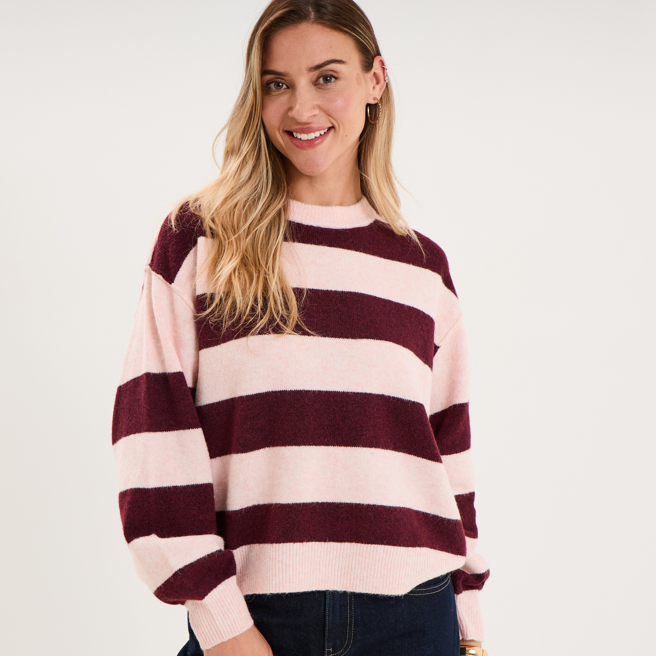 Pull col rond avec manches longues rose clair femme