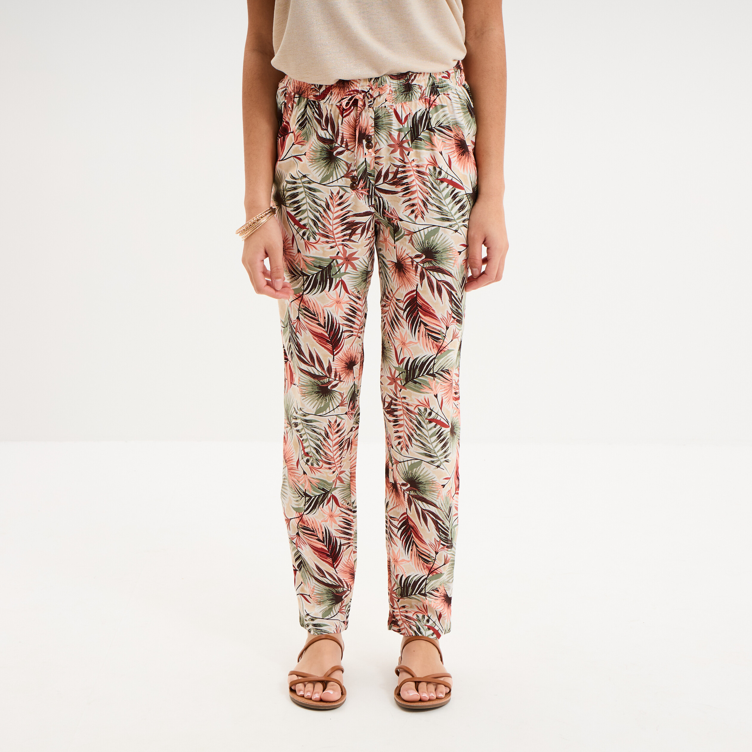 Pantalon cigarette fluide &agrave; ceinture vert kaki femme