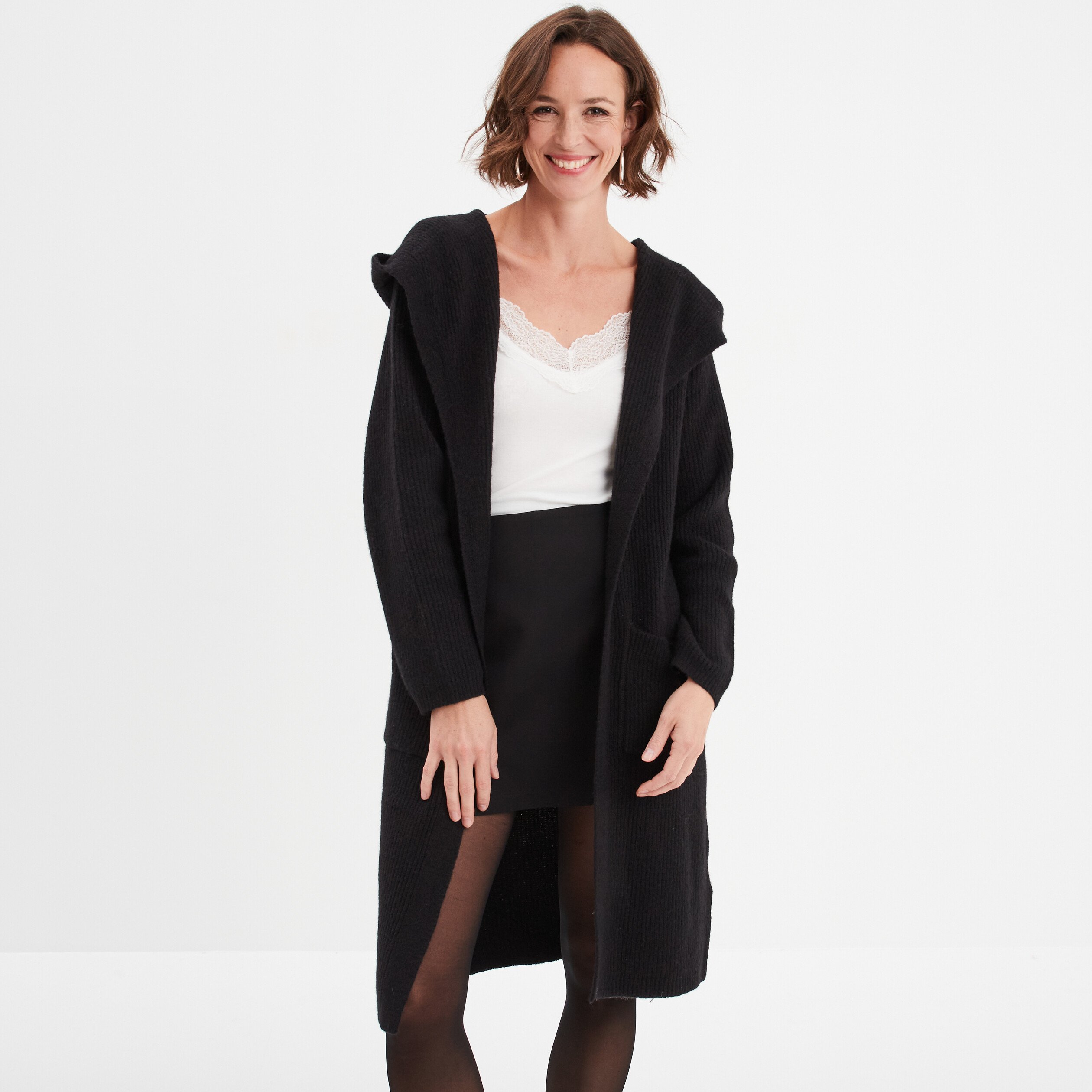 Gilet long a capuche manches longues noir femme La Halle