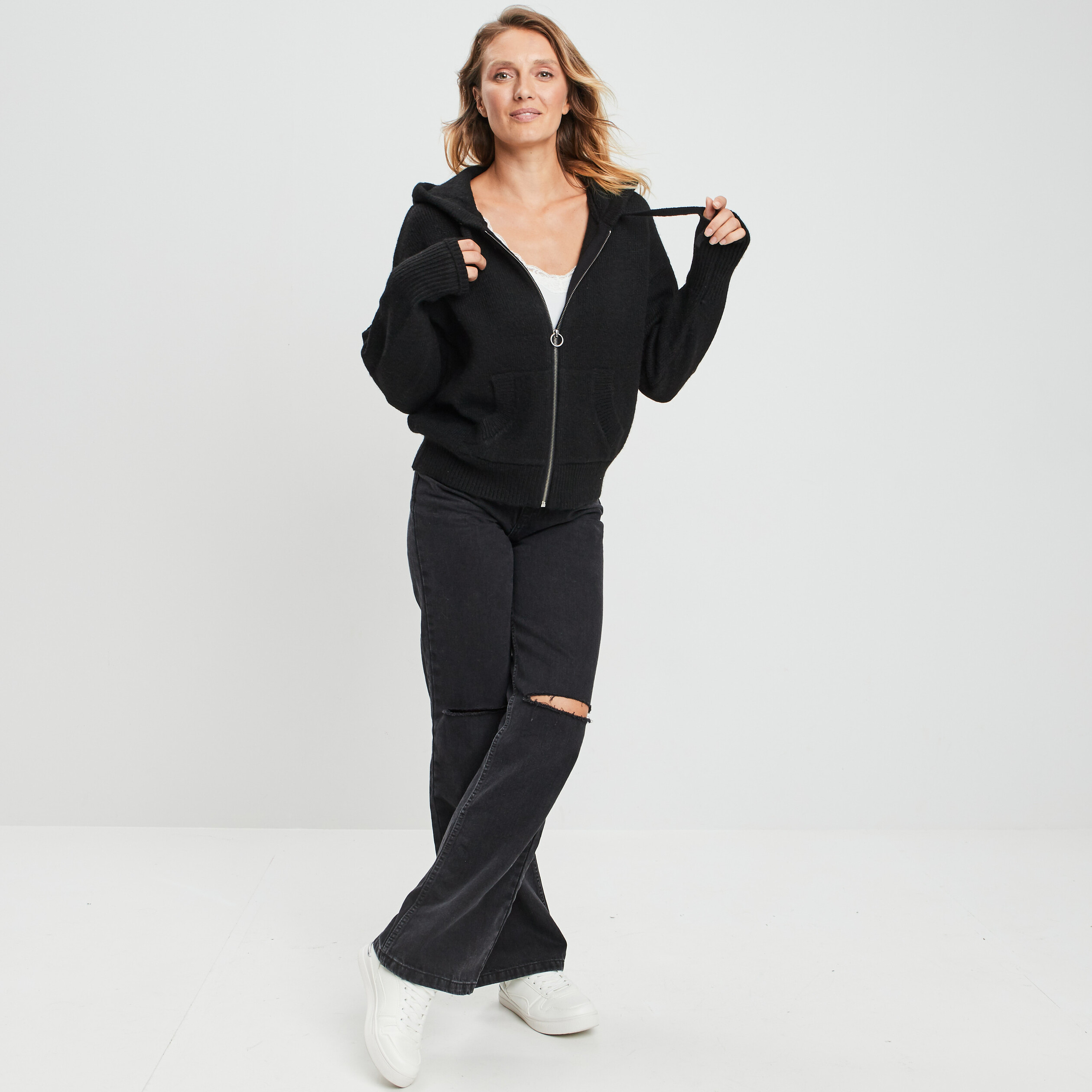 Gilet zipp capuche noir femme
